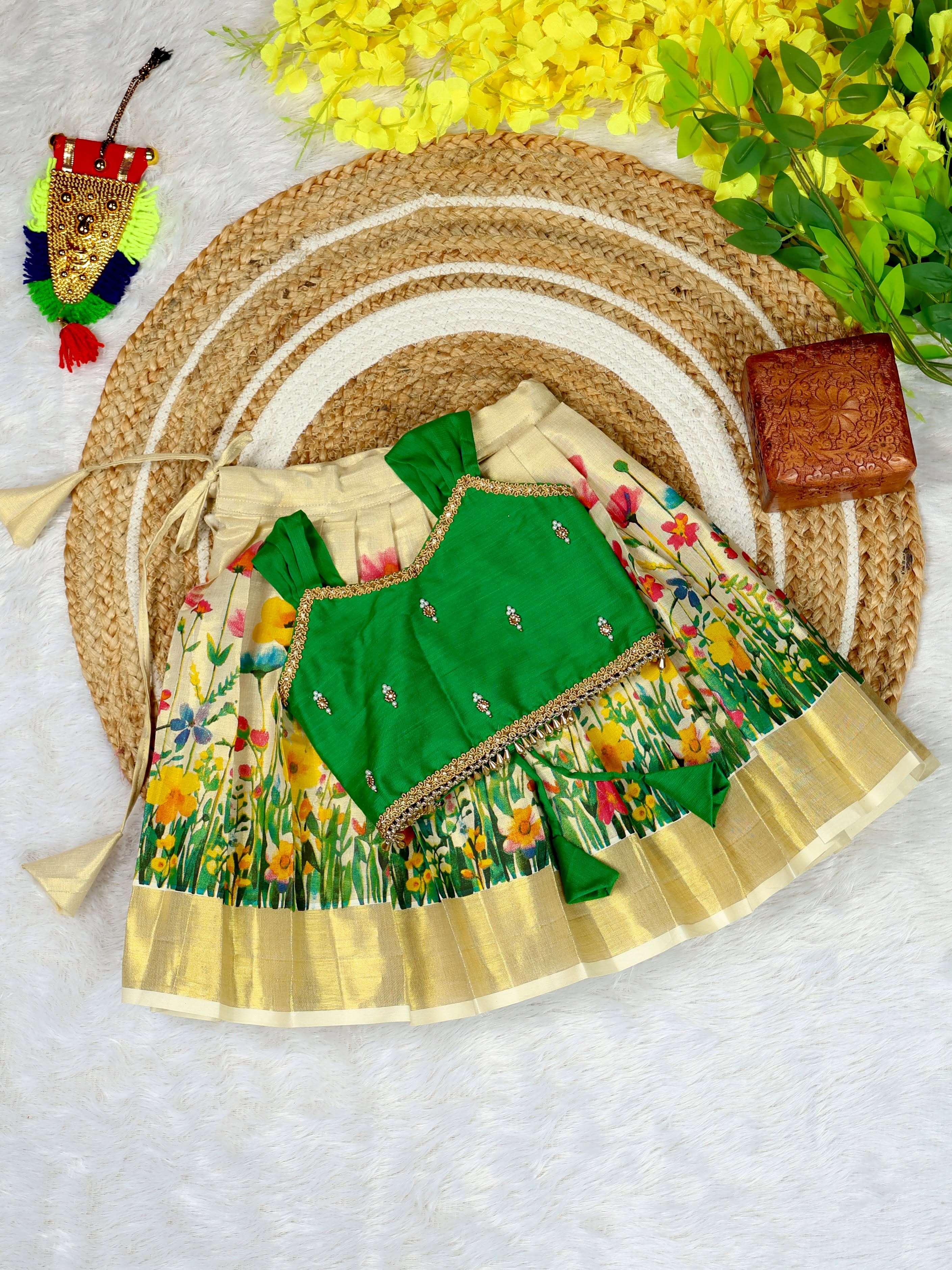Premium Kasavu FLoral Motifs Tissue Silk Skirt & Green Raw Silk Top - SADHANA - TINY THUMBI