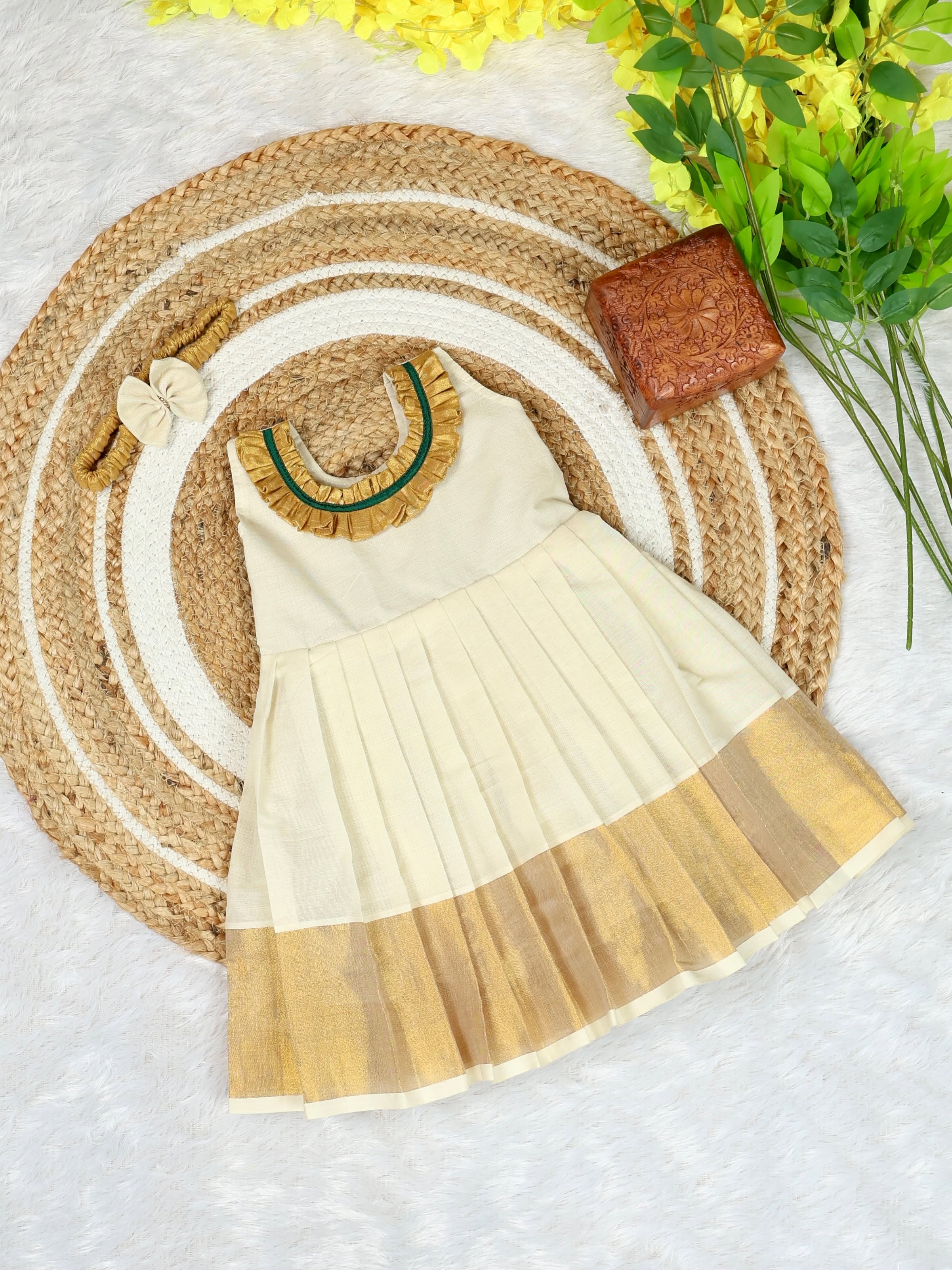 Premium Kerala Kasavu Cotton Frock - TINY THUMBI