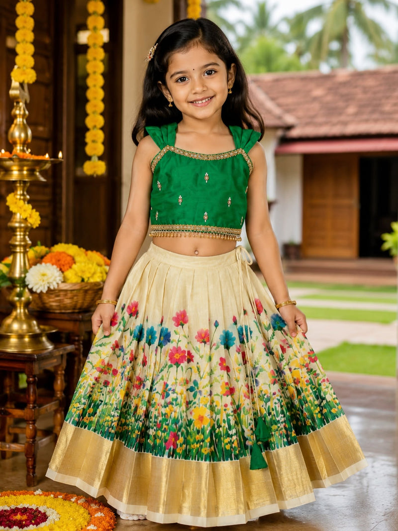 Premium Kasavu FLoral Motifs Tissue Silk Skirt & Green Raw Silk Top - SADHANA - TINY THUMBI
