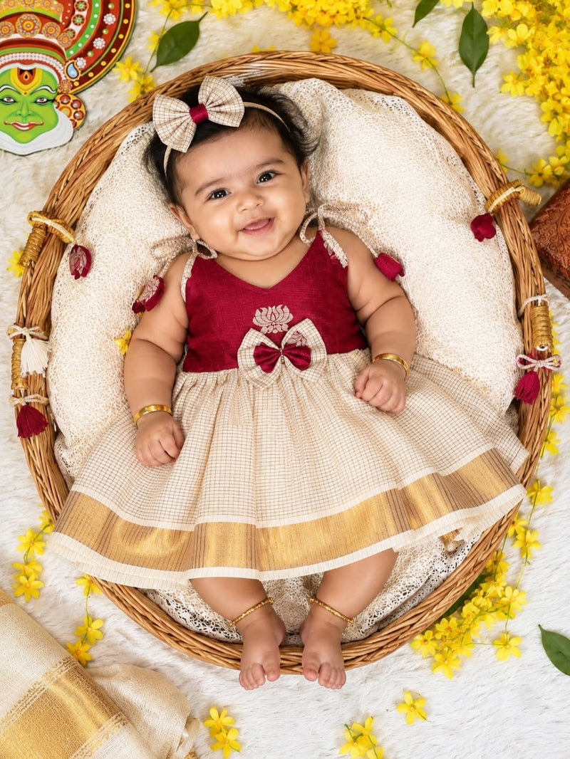 Premium Kasavu Cotton Frock - Pink Raw Silk Fabric with Checked Cotton Fabric - Noolukettu Special