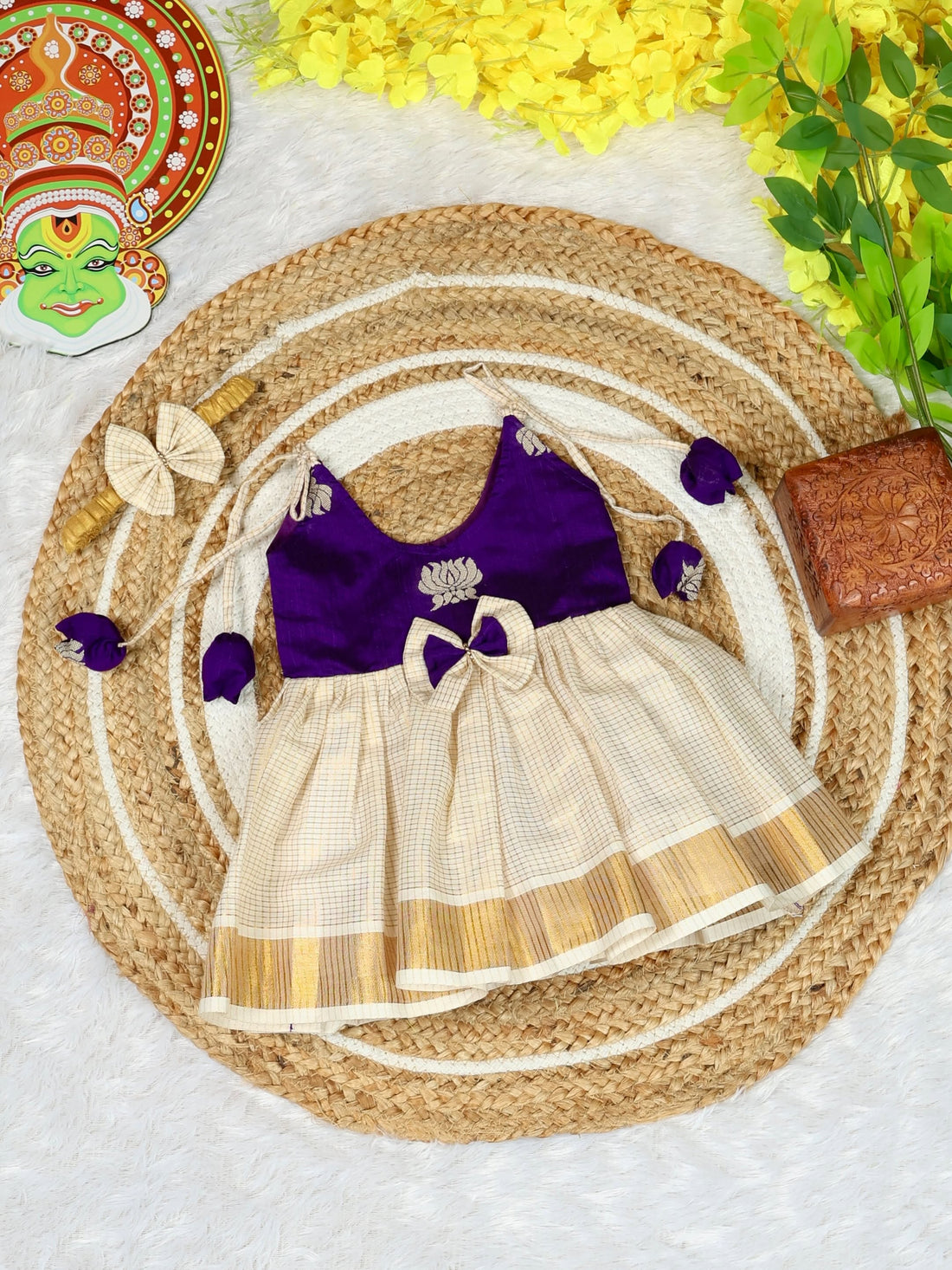 Premium Kasavu Cotton Frock - Voilet Raw Silk Fabric with Checked Cotton Fabric - Noolukettu Special
