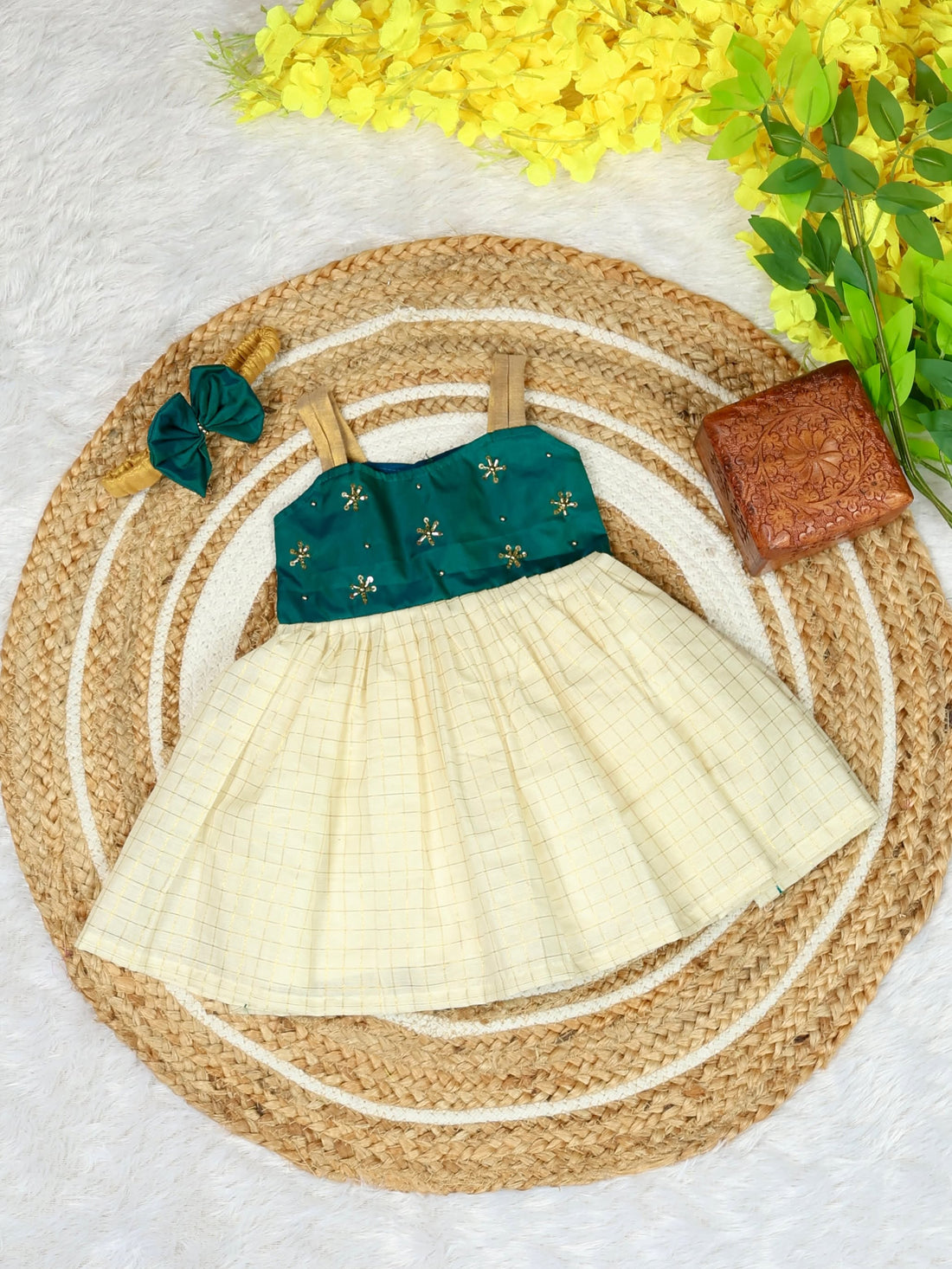 Premium Kasavu Cotton Frock - Ramar Green Silk Fabric with Cotton Fabric  - Noolukettu Special