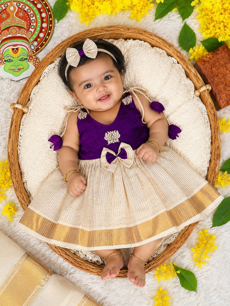 Premium Kasavu Cotton Frock - Voilet Raw Silk Fabric with Checked Cotton Fabric - Noolukettu Special
