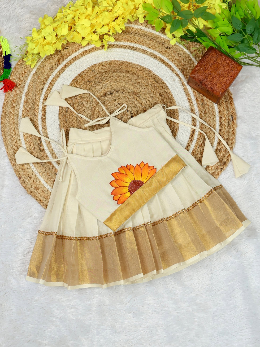 Premium Kasavu Cotton Crop Top & Skirt - SUNFLOWER - TINY THUMBI