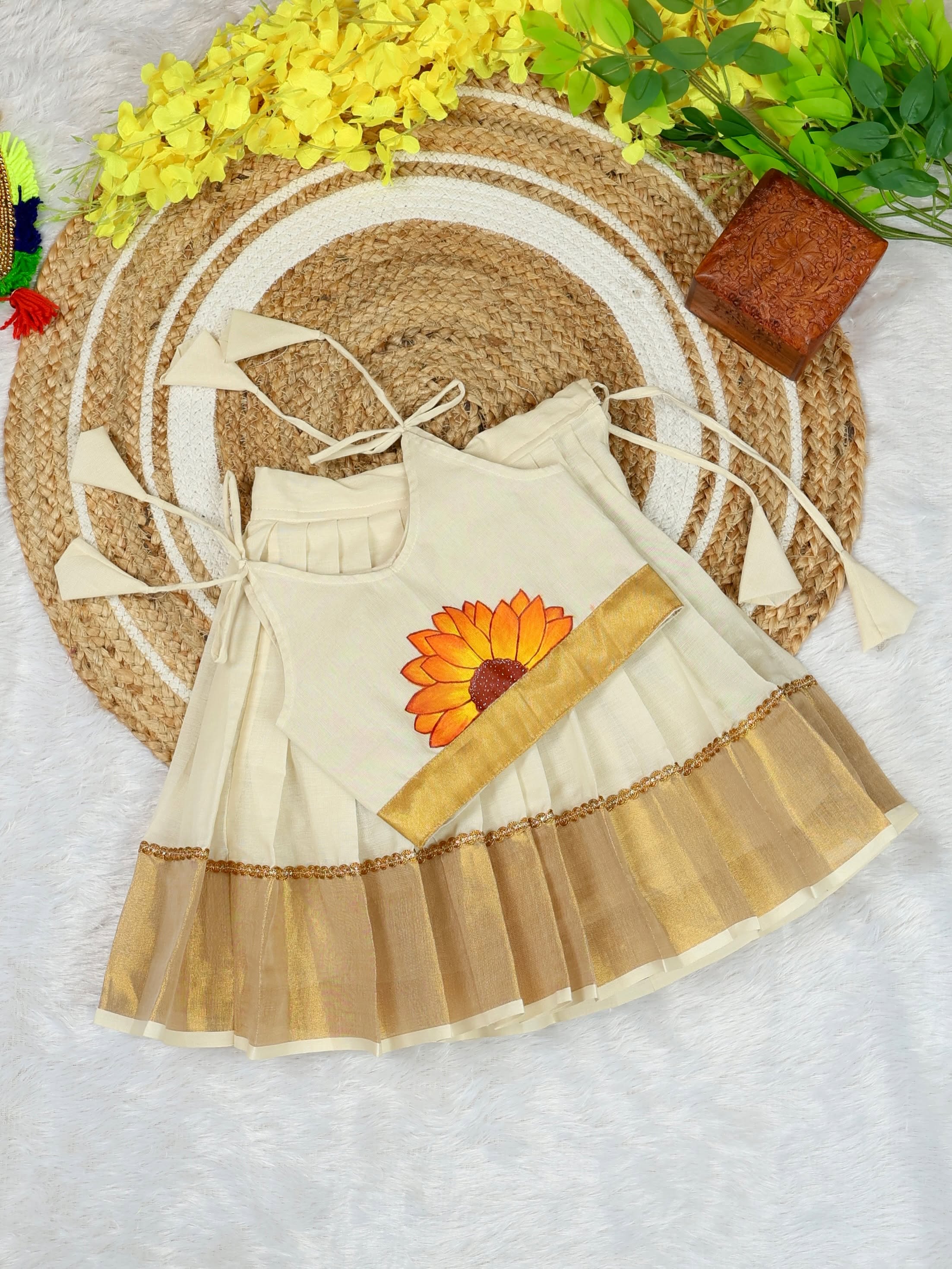 Premium Kasavu Cotton Crop Top & Skirt - SUNFLOWER - TINY THUMBI