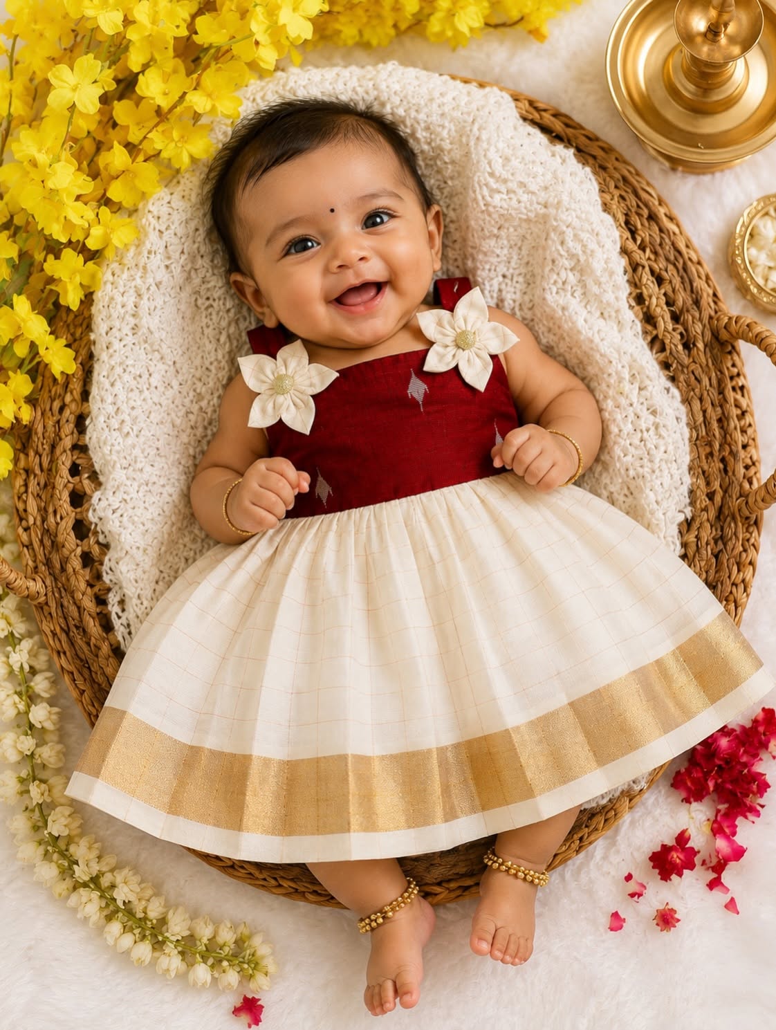 Premium Kasavu Cotton Frock with Maroon Raw Silk  - Noolukettu Special