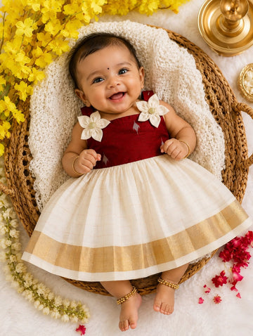 Premium Kasavu Cotton Frock with Maroon Raw Silk  - Noolukettu Special