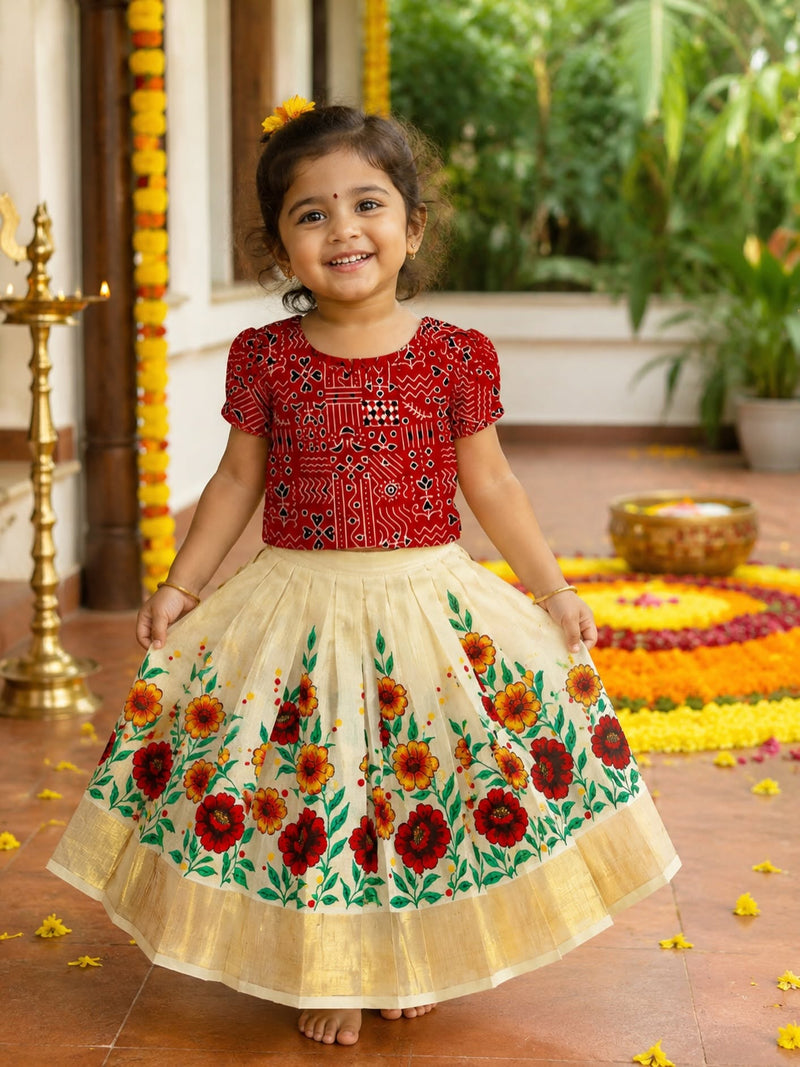Premium Kasavu FLoral Motifs Tissue Silk Skirt & Ajrakh Cotton Top - RITHIKA - TINY THUMBI