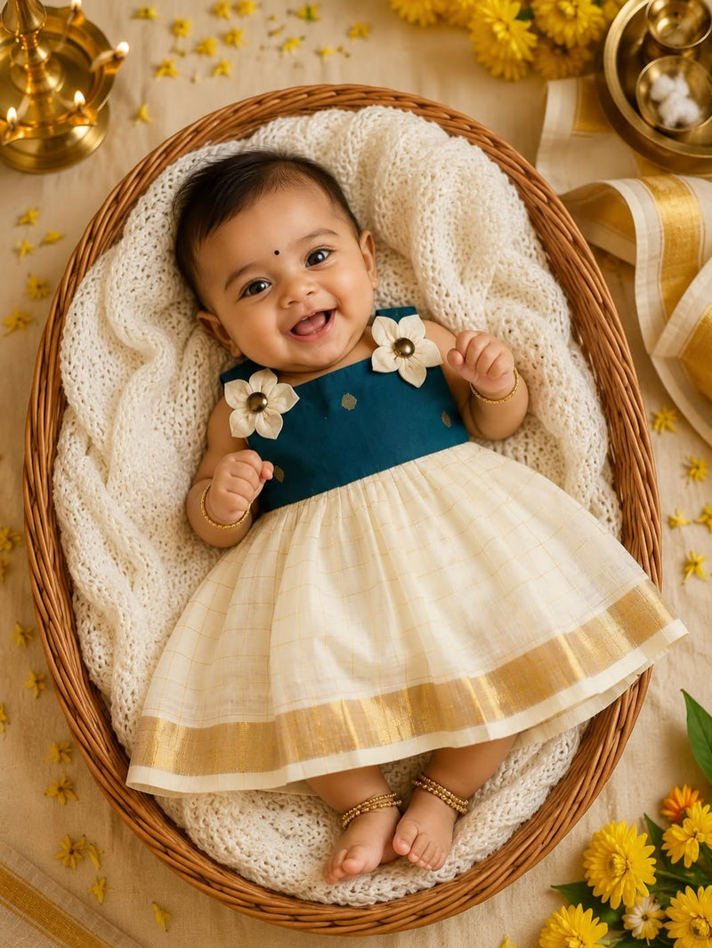 Premium Kasavu Cotton Frock with Ramar Blue Raw Silk  - Noolukettu Special