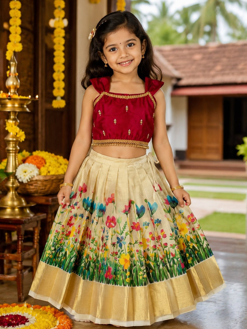 Premium Kasavu FLoral Motifs Tissue Silk Skirt & Raw Silk Top - SADHANA - TINY THUMBI
