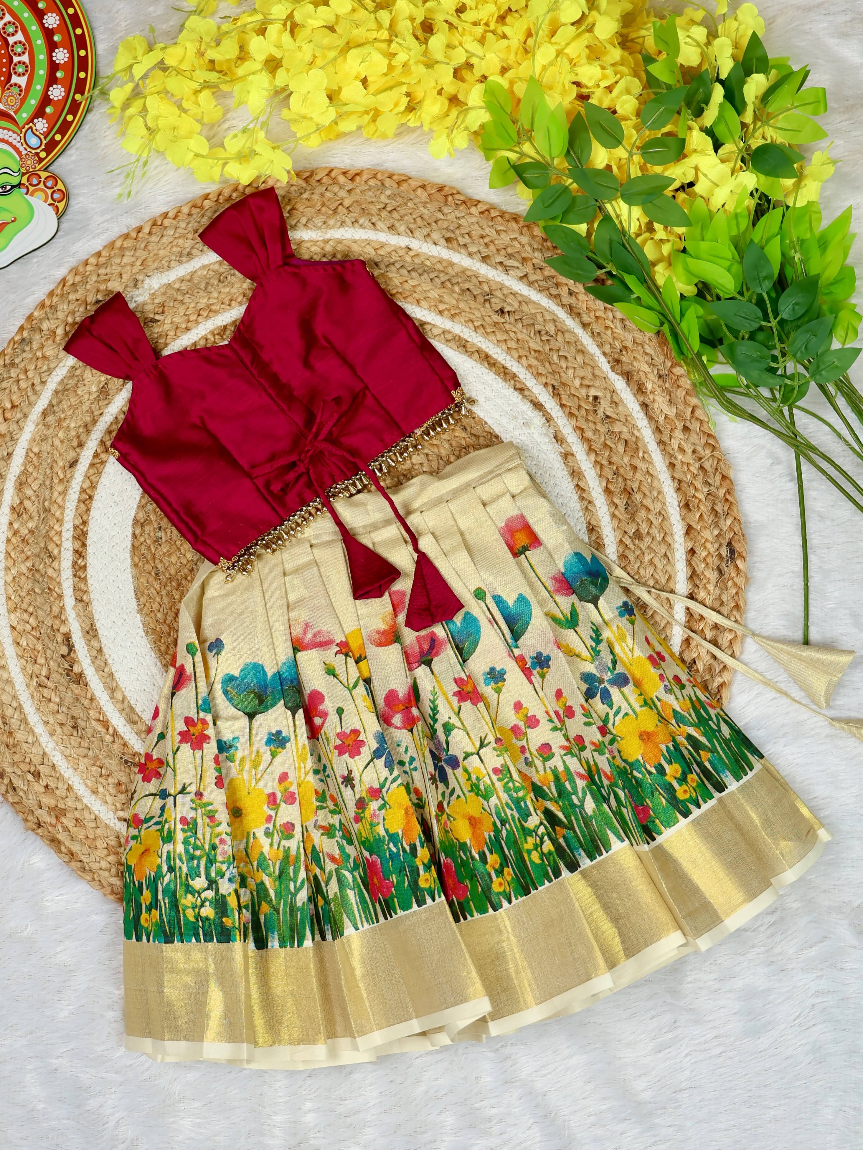 Premium Kasavu FLoral Motifs Tissue Silk Skirt & Raw Silk Top - SADHANA - TINY THUMBI