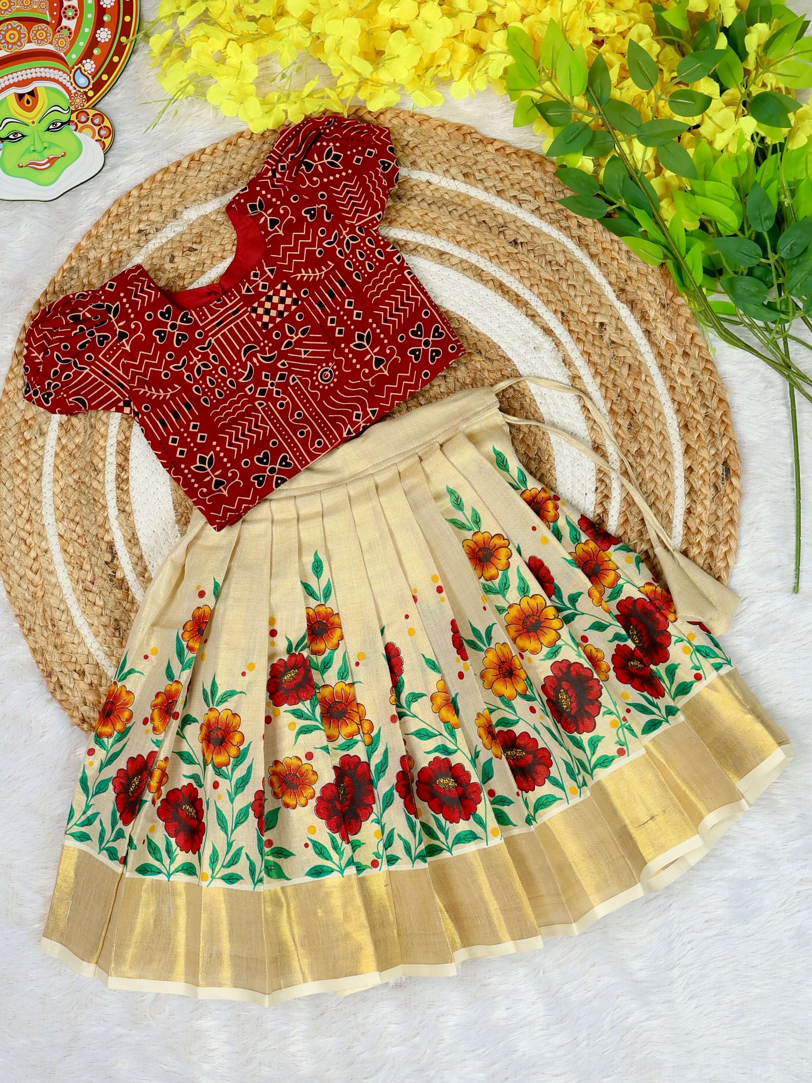Premium Kasavu FLoral Motifs Tissue Silk Skirt & Ajrakh Cotton Top - RITHIKA - TINY THUMBI