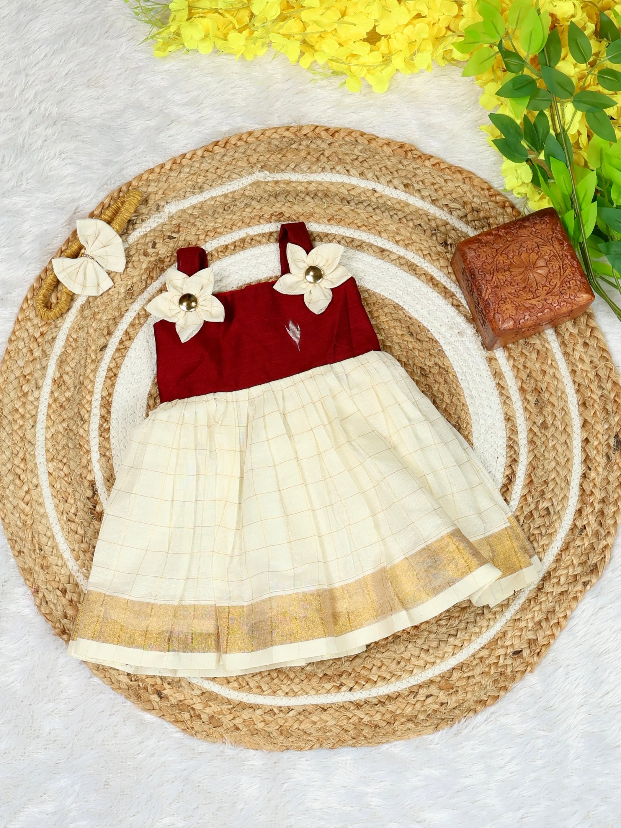 Premium Kasavu Cotton Frock with Maroon Raw Silk  - Noolukettu Special
