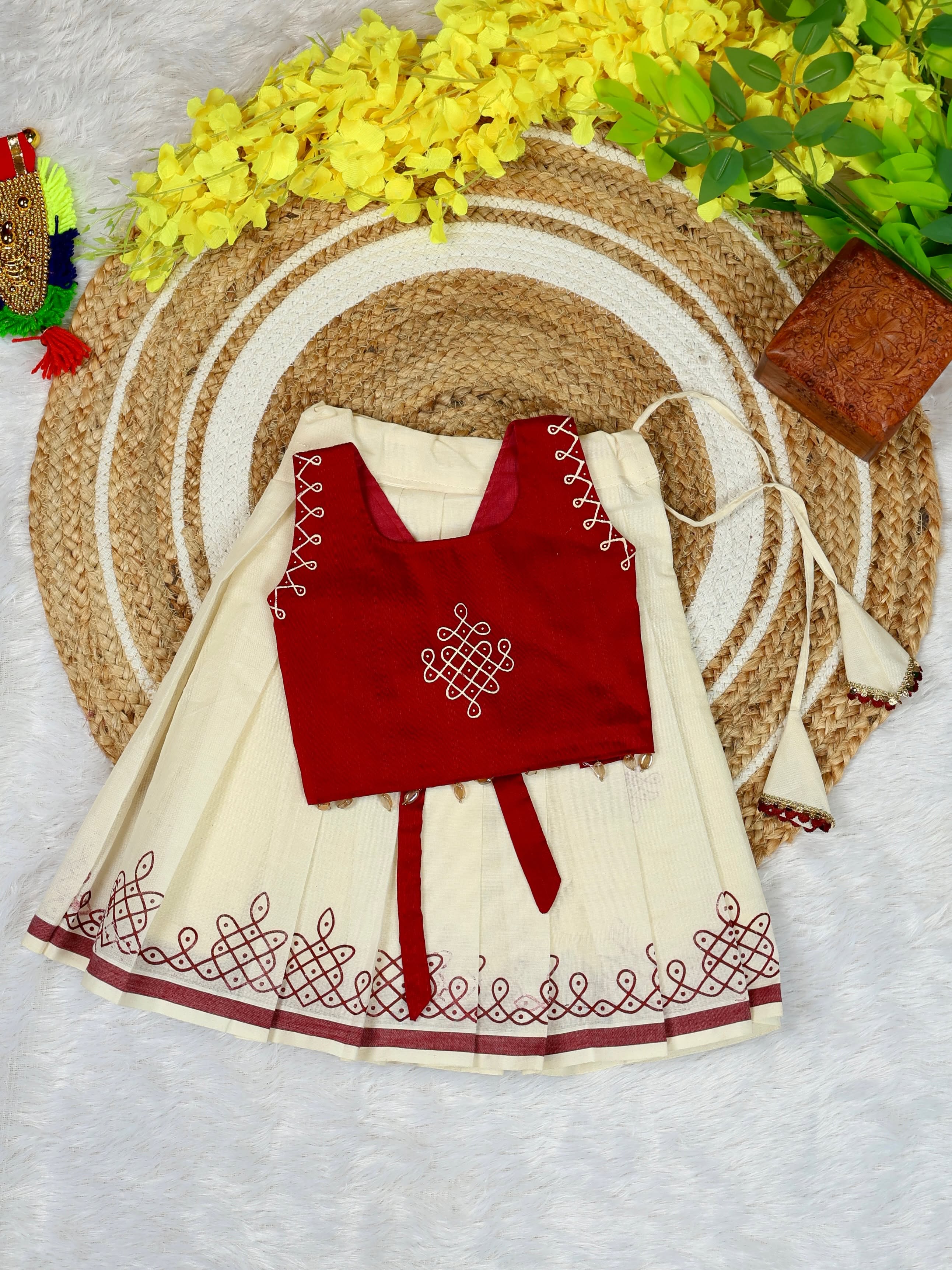 Premium Kasavu Cotton Kolam Motif Skirt & Maroon Raw Silk Top - KOLAM - TINY THUMBI