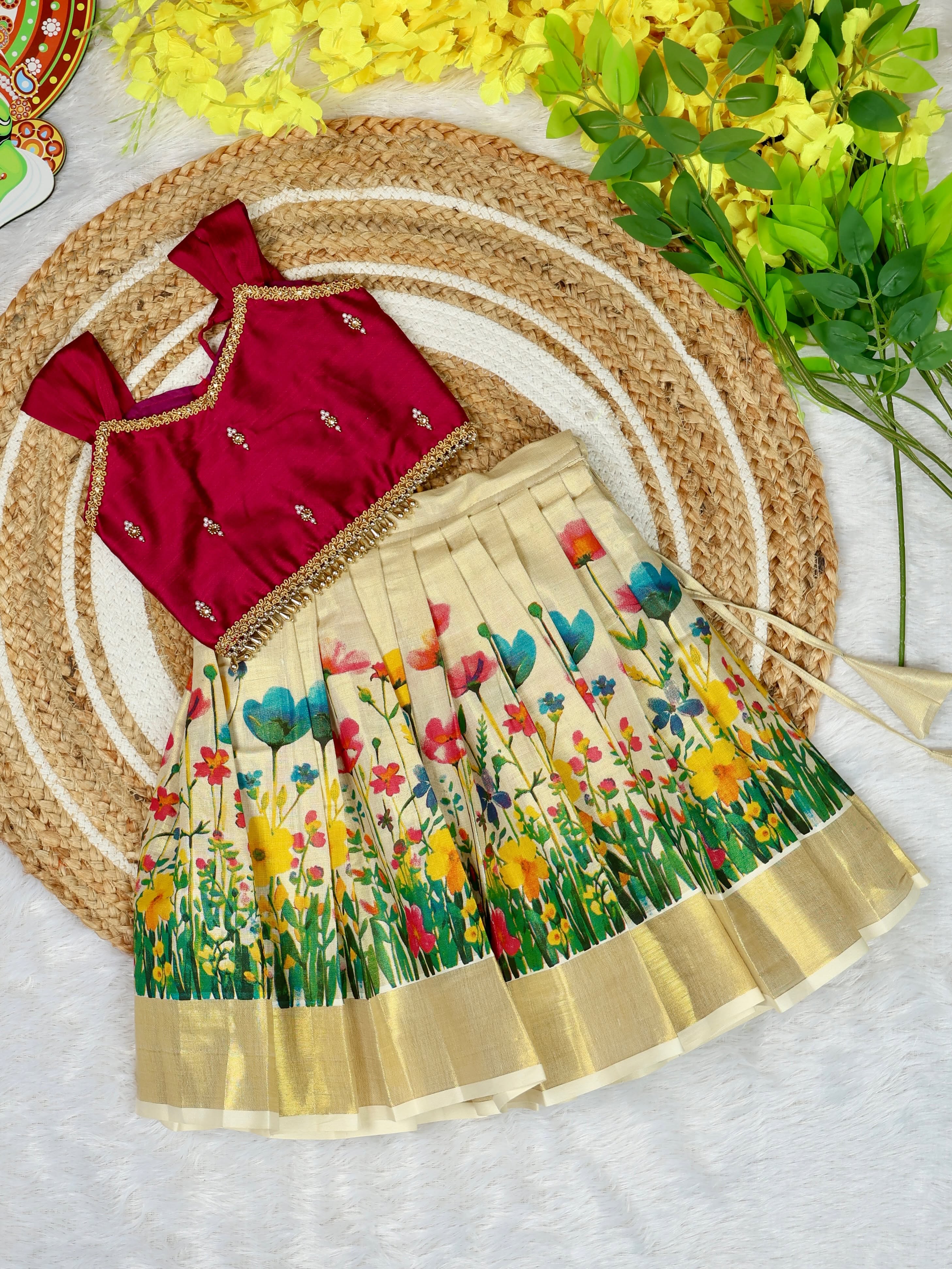 Premium Kasavu FLoral Motifs Tissue Silk Skirt & Raw Silk Top - SADHANA - TINY THUMBI