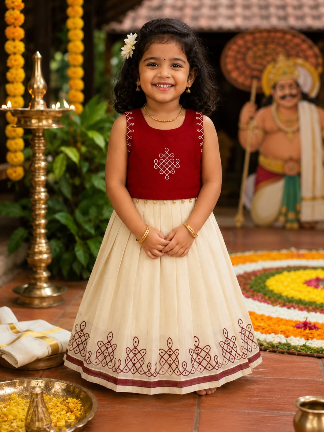 Premium Kasavu Cotton Kolam Motif Skirt & Maroon Raw Silk Top - KOLAM - TINY THUMBI