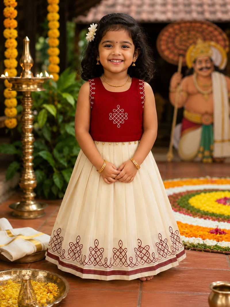 Premium Kasavu Cotton Kolam Motif Skirt & Maroon Raw Silk Top - KOLAM - TINY THUMBI