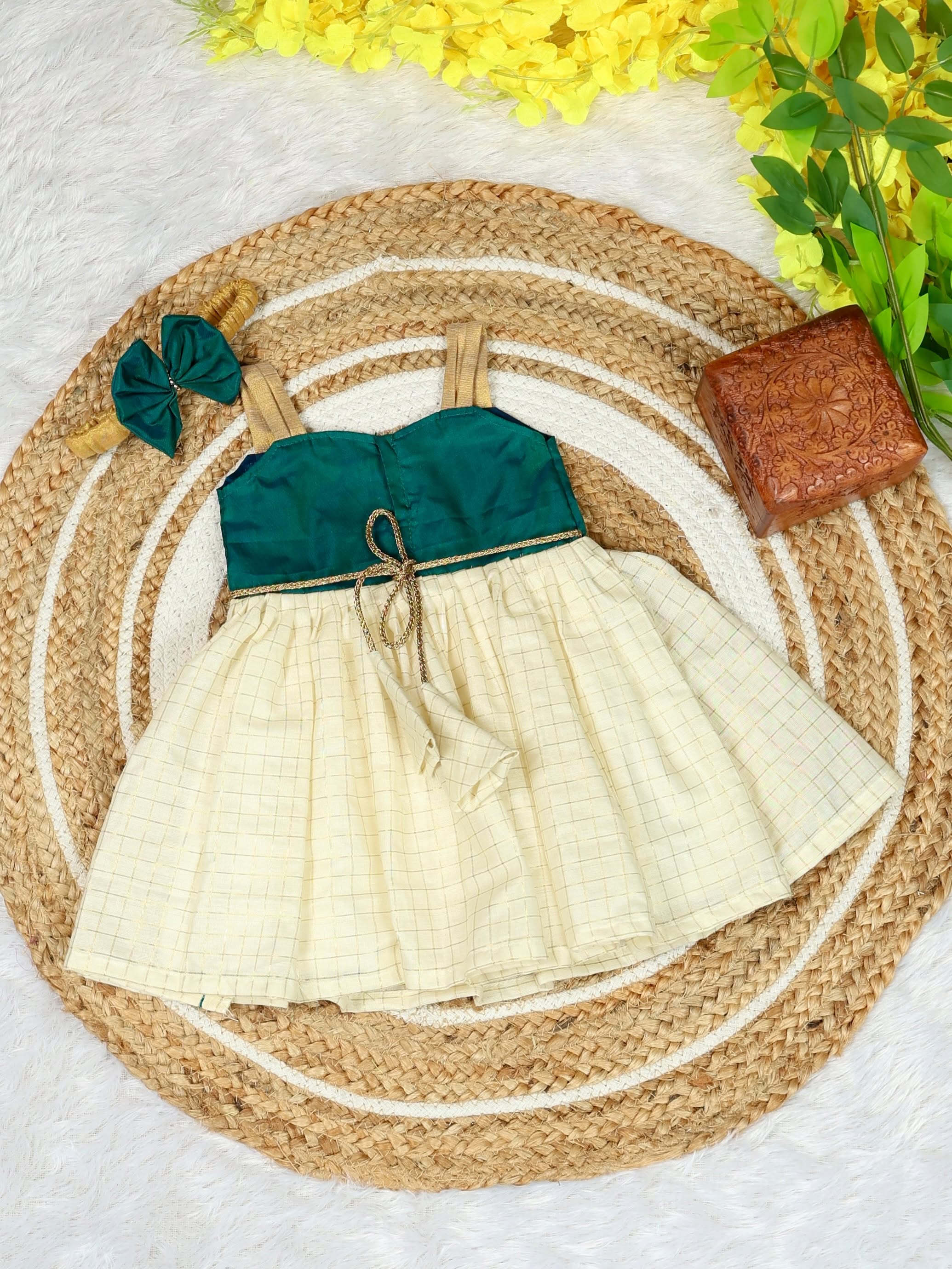 Premium Kasavu Cotton Frock - Ramar Green Silk Fabric with Cotton Fabric  - Noolukettu Special