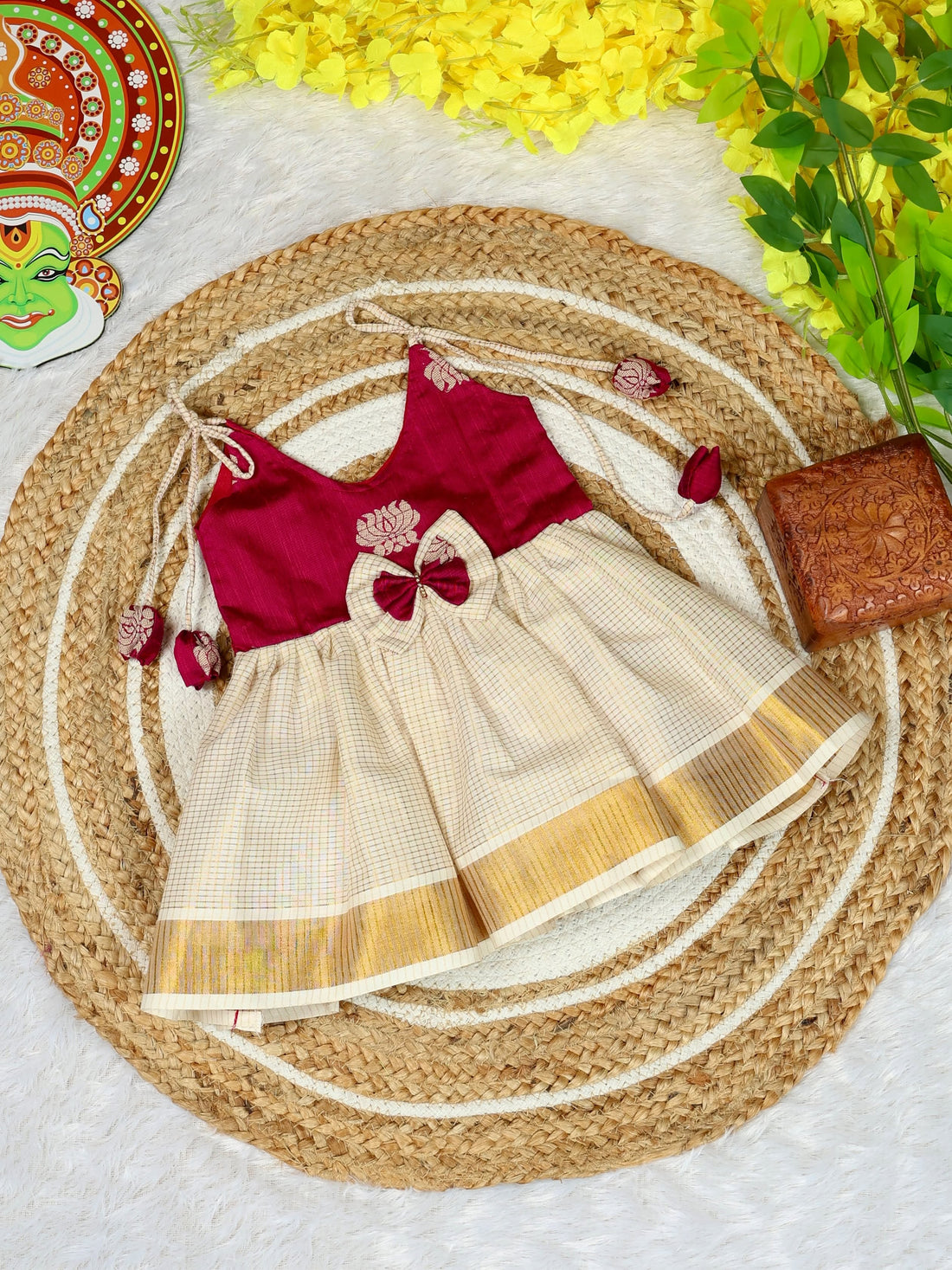 Premium Kasavu Cotton Frock - Pink Raw Silk Fabric with Checked Cotton Fabric - Noolukettu Special