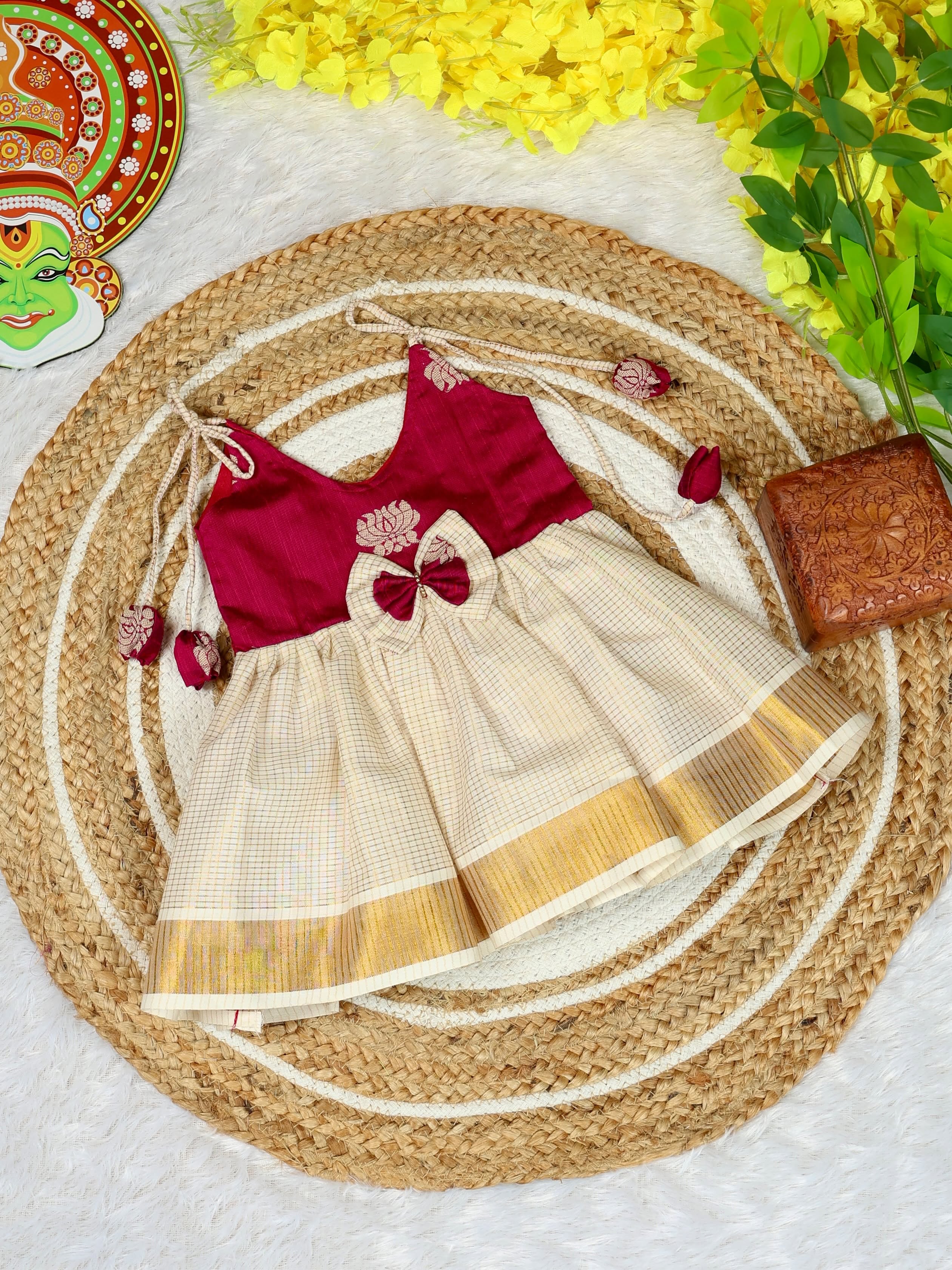 Premium Kasavu Cotton Frock - Pink Raw Silk Fabric with Checked Cotton Fabric - Noolukettu Special