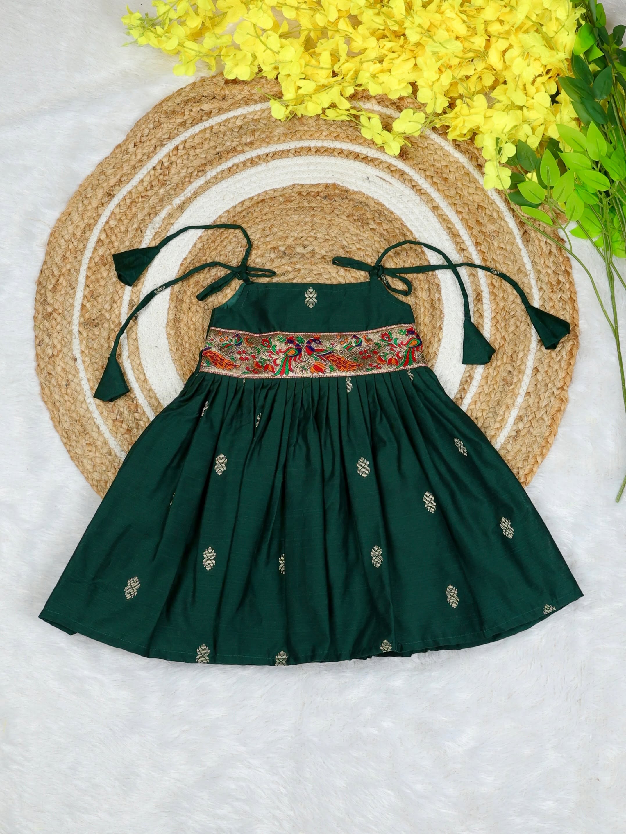 Raw Silk Tie-Up Frock - Dark Green | Naming Ceremony | Annaprashan | Cradle Ceremony | New Born Ethnic Frock