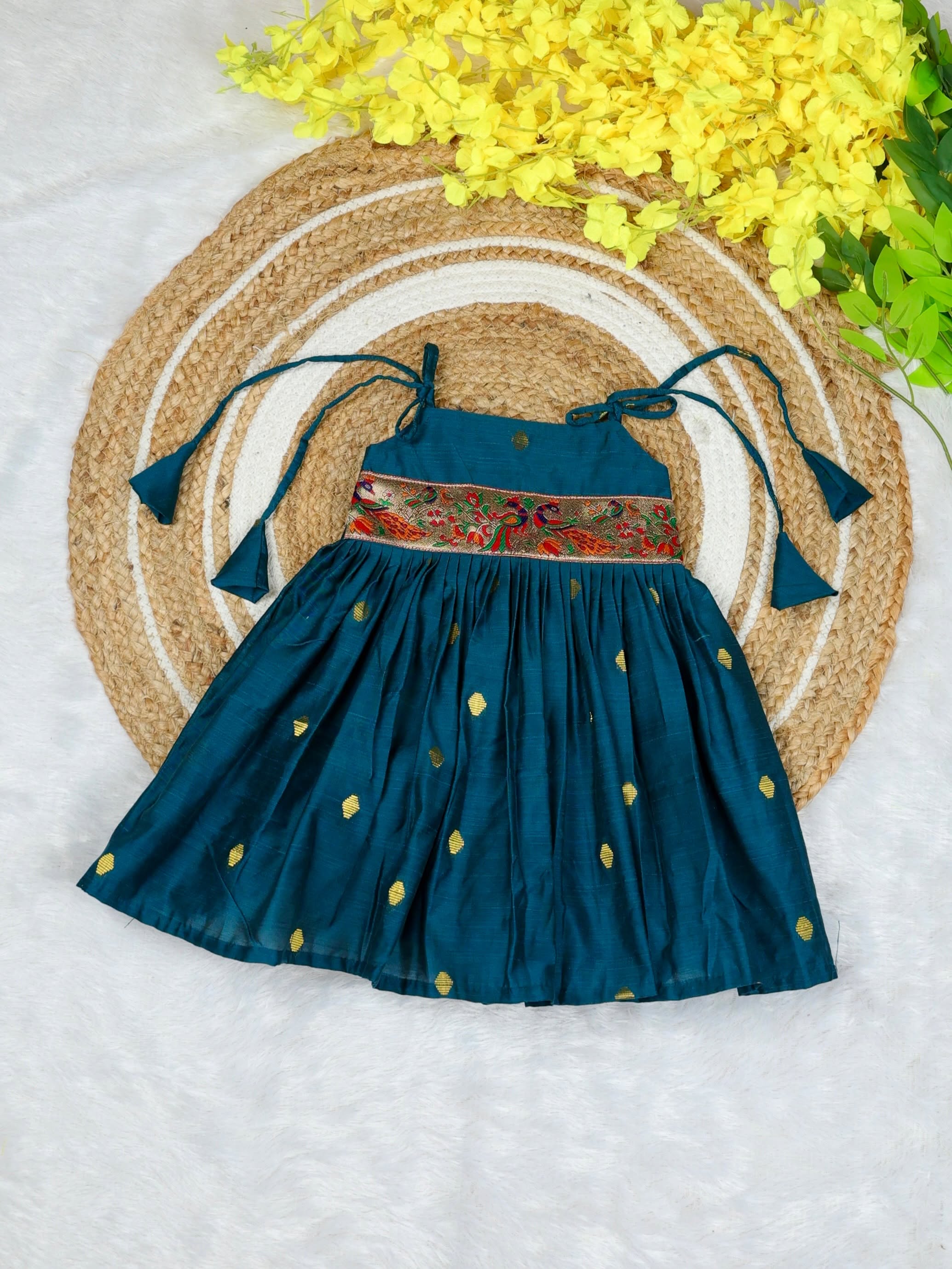 Raw Silk Tie-Up Frock - Ramar Blue | Naming Ceremony | Annaprashan | Cradle Ceremony | New Born Ethnic Frock