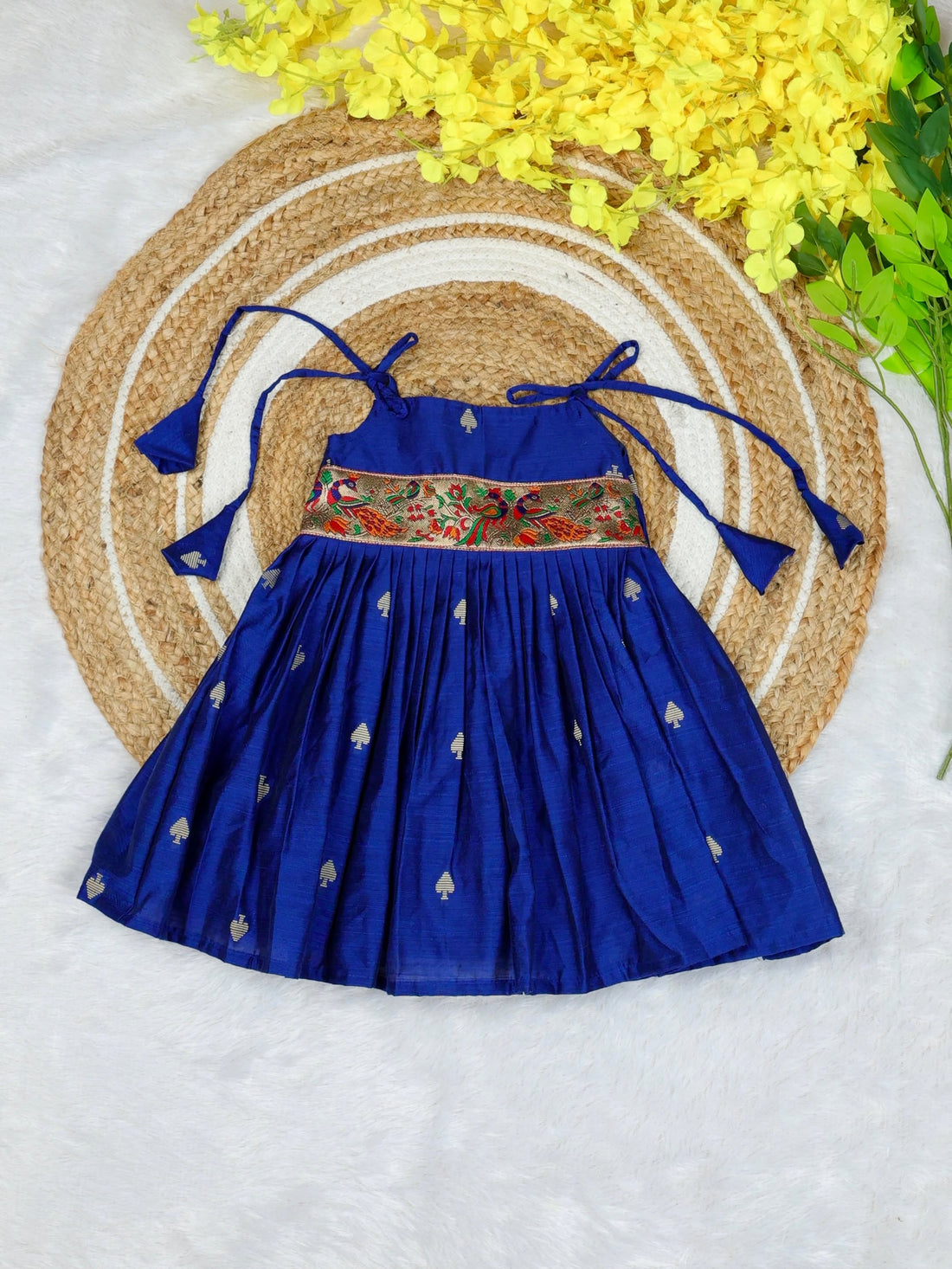 Raw Silk Tie-Up Frock - Royal Blue | Naming Ceremony | Annaprashan | Cradle Ceremony | New Born Ethnic Frock