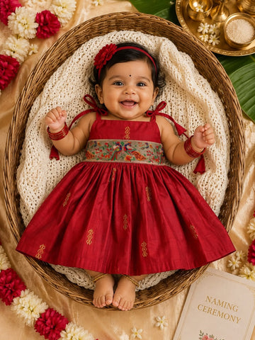 Raw Silk Tie-Up Frock - Red | Naming Ceremony | Annaprashan | Cradle Ceremony | New Born Ethnic Frock