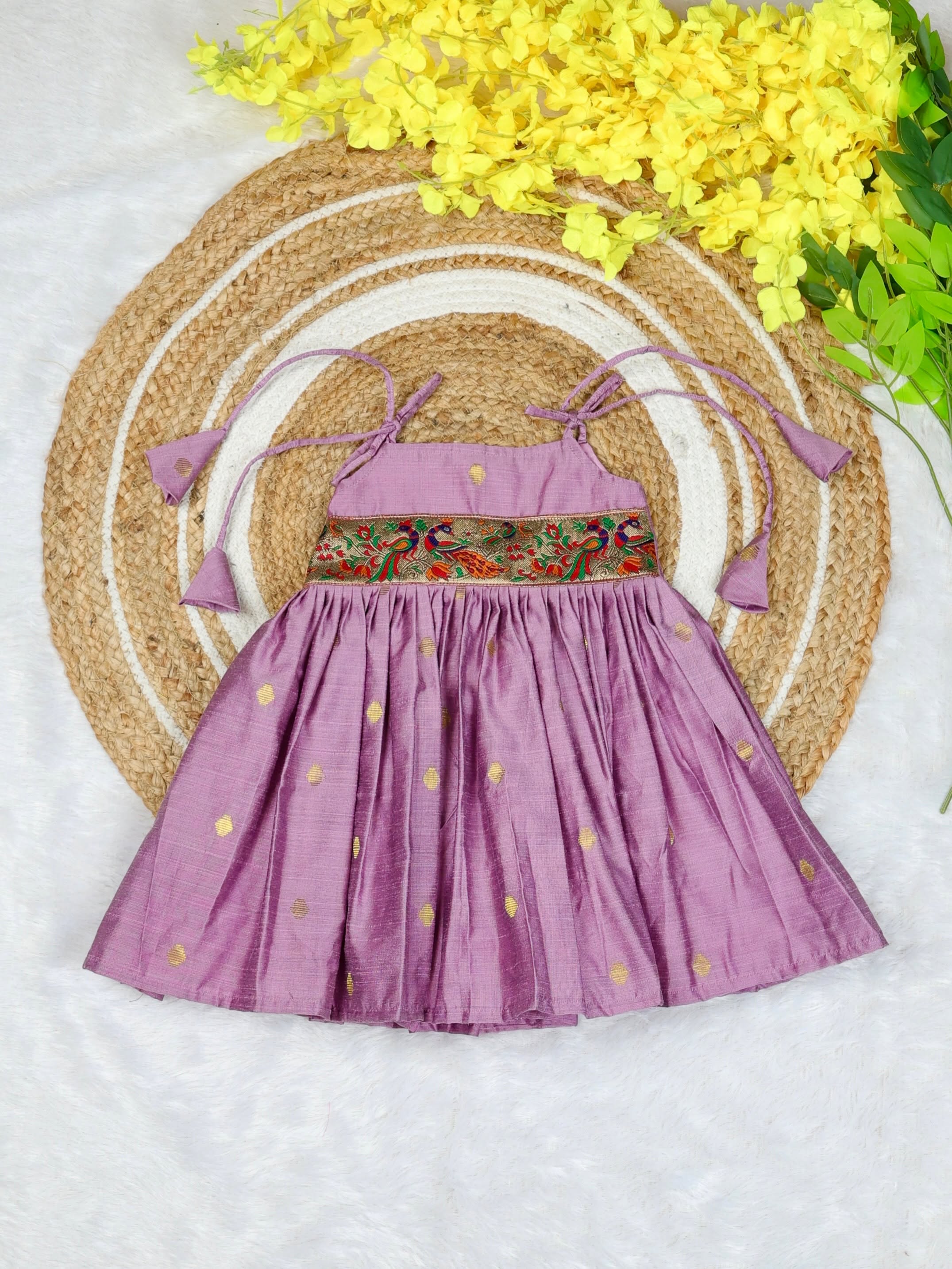 Raw Silk Tie-Up Frock - Lilac | Naming Ceremony | Annaprashan | Cradle Ceremony | New Born Ethnic Frock