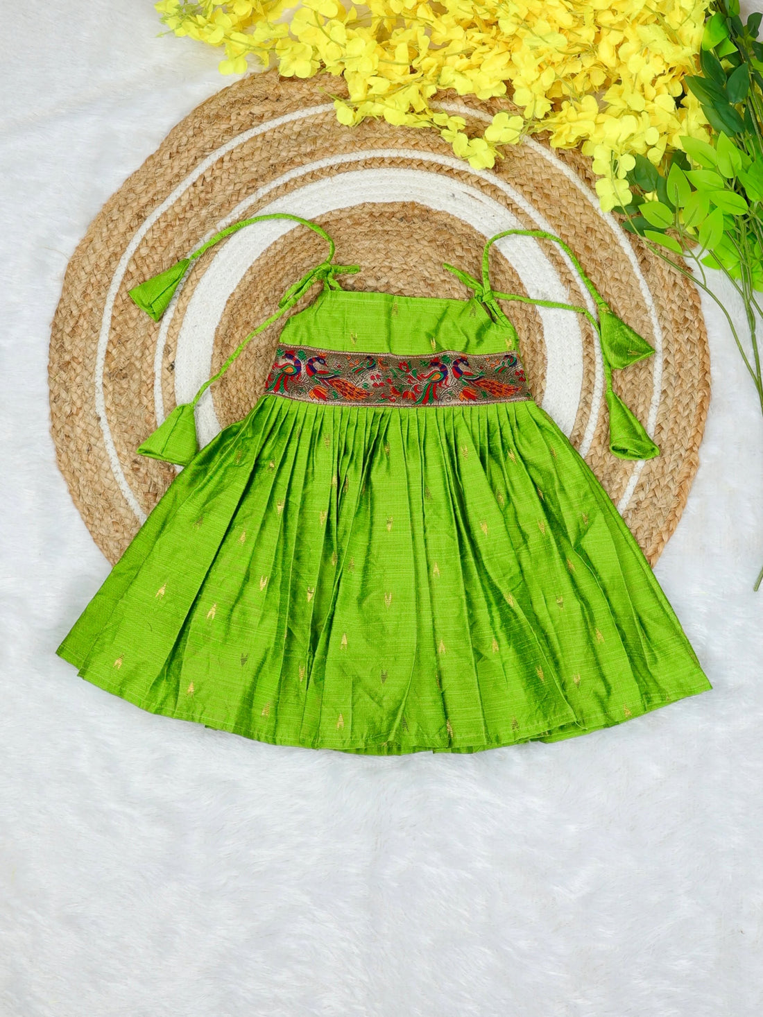Raw Silk Tie-Up Frock - Light Green | Naming Ceremony | Annaprashan | Cradle Ceremony | New Born Ethnic Frock