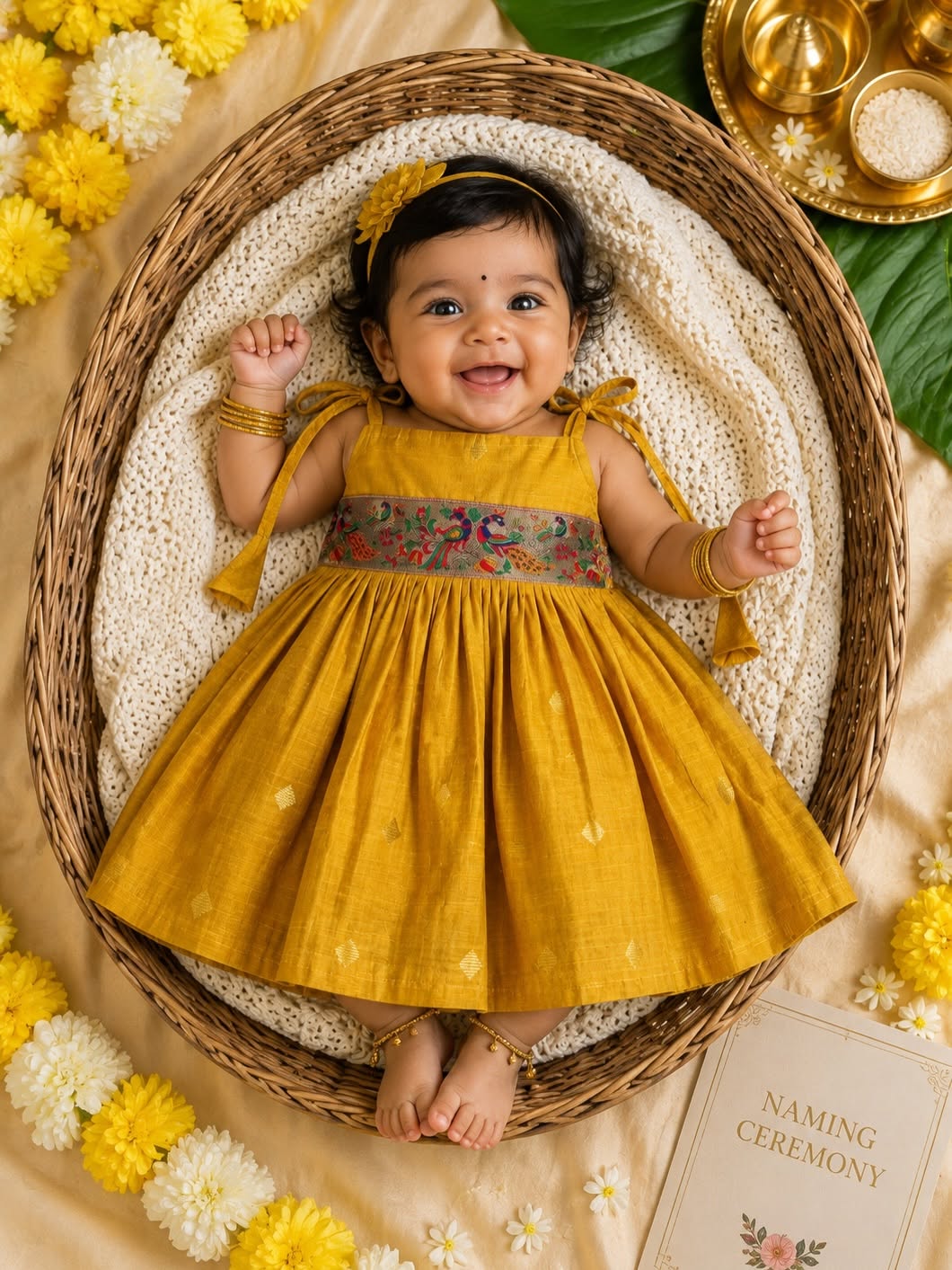 Raw Silk Tie-Up Frock - Yellow | Naming Ceremony | Annaprashan | Cradle Ceremony | New Born Ethnic Frock