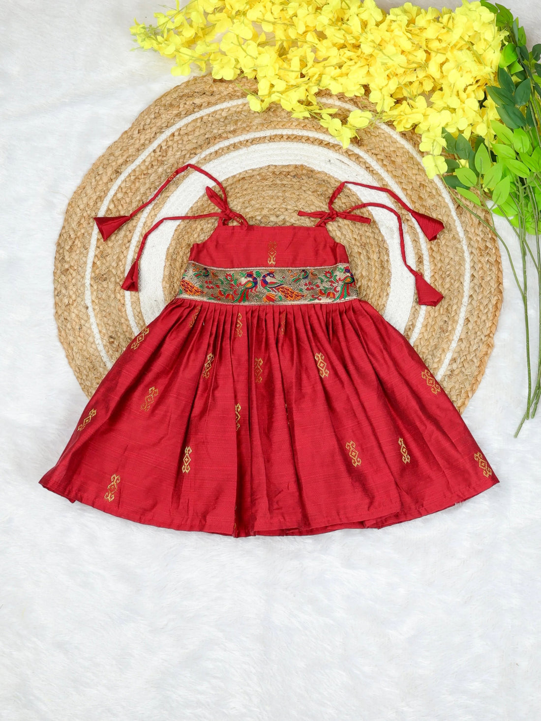 Raw Silk Tie-Up Frock - Red | Naming Ceremony | Annaprashan | Cradle Ceremony | New Born Ethnic Frock