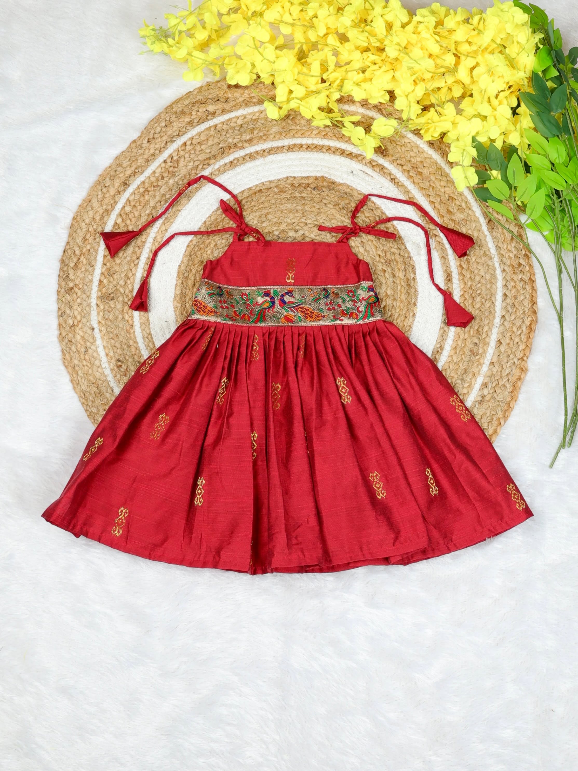 Raw Silk Tie-Up Frock - Red | Naming Ceremony | Annaprashan | Cradle Ceremony | New Born Ethnic Frock