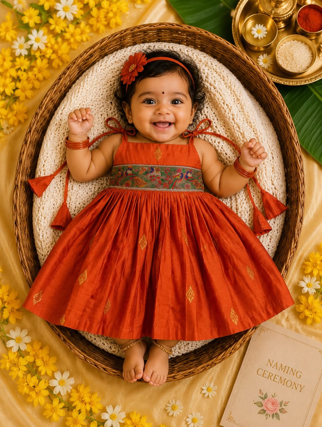 Raw Silk Tie-Up Frock - Orange | Naming Ceremony | Annaprashan | Cradle Ceremony | New Born Ethnic Frock