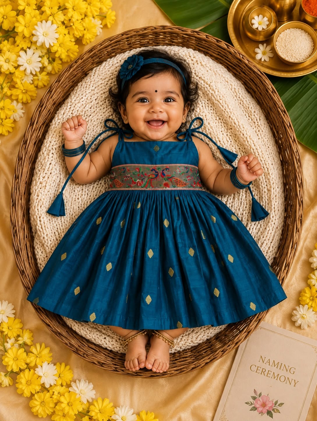 Raw Silk Tie-Up Frock - Ramar Blue | Naming Ceremony | Annaprashan | Cradle Ceremony | New Born Ethnic Frock