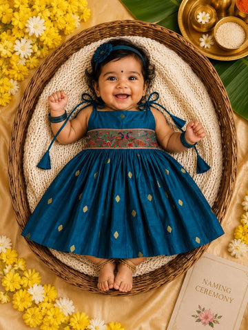 Raw Silk Tie-Up Frock - Ramar Blue | Naming Ceremony | Annaprashan | Cradle Ceremony | New Born Ethnic Frock