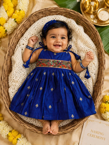 Raw Silk Tie-Up Frock - Royal Blue | Naming Ceremony | Annaprashan | Cradle Ceremony | New Born Ethnic Frock