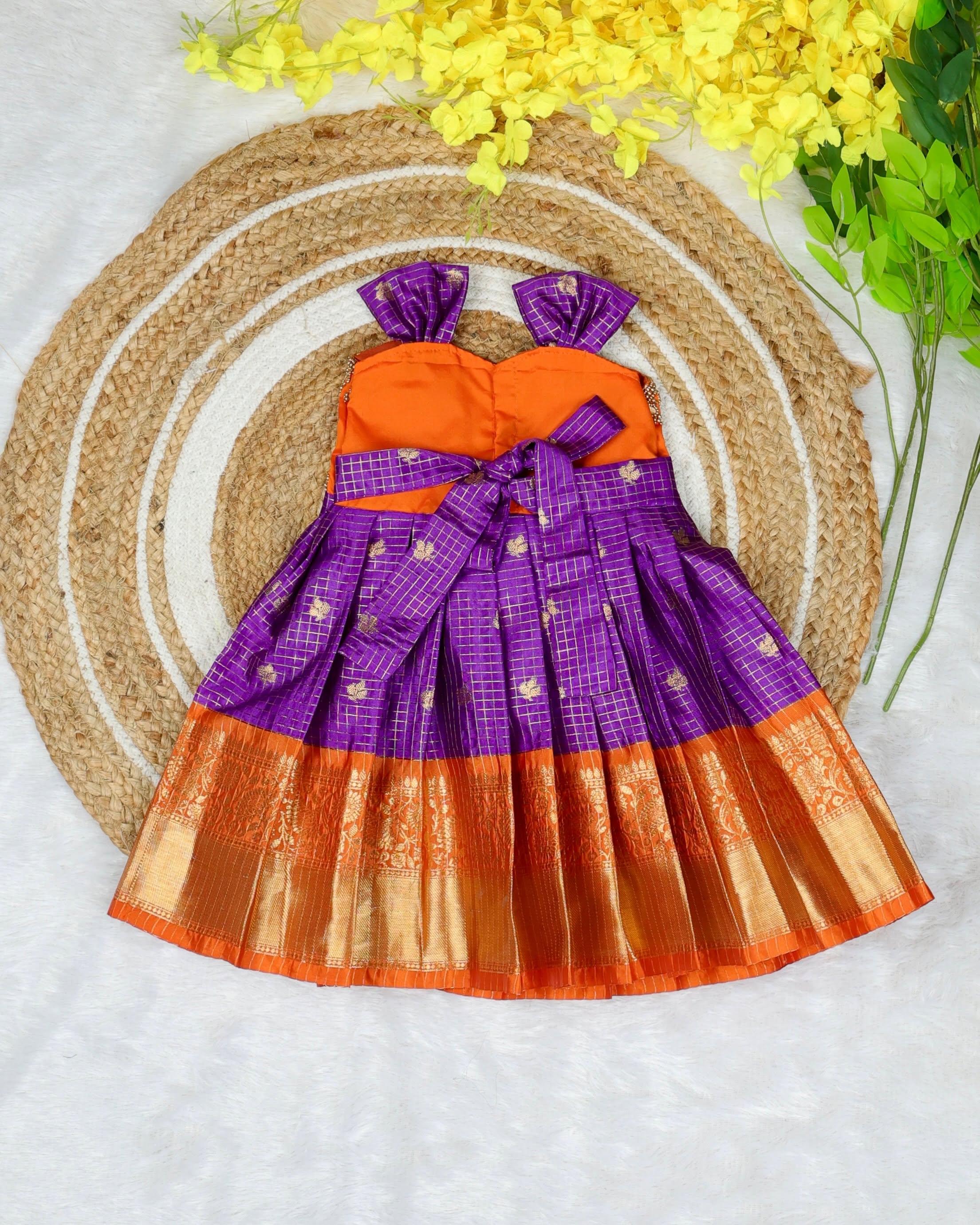 KANMANI - NEW BORN FESTIVE LAUNCH - Purple and Orange Color Banarasi Silk Frock