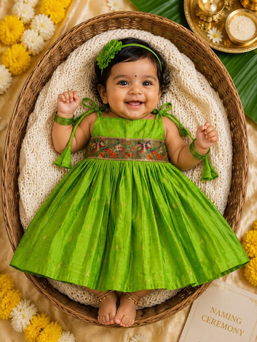 Raw Silk Tie-Up Frock - Light Green | Naming Ceremony | Annaprashan | Cradle Ceremony | New Born Ethnic Frock