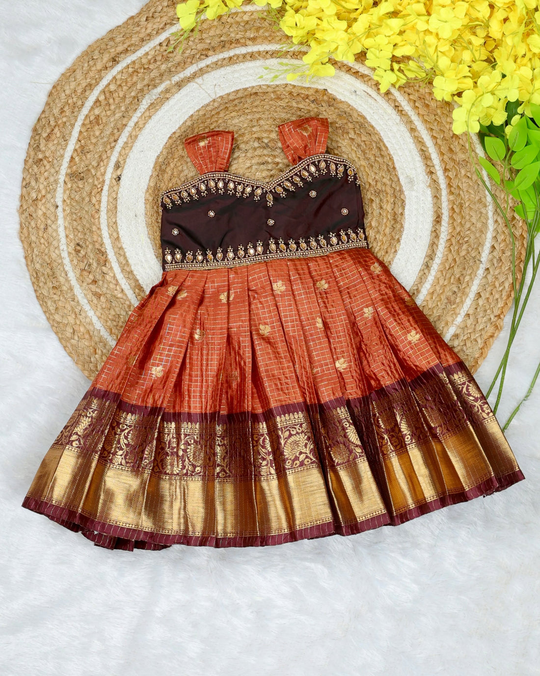 KANMANI - NEW BORN FESTIVE LAUNCH - Purple and Orange Color Banarasi Silk Frock