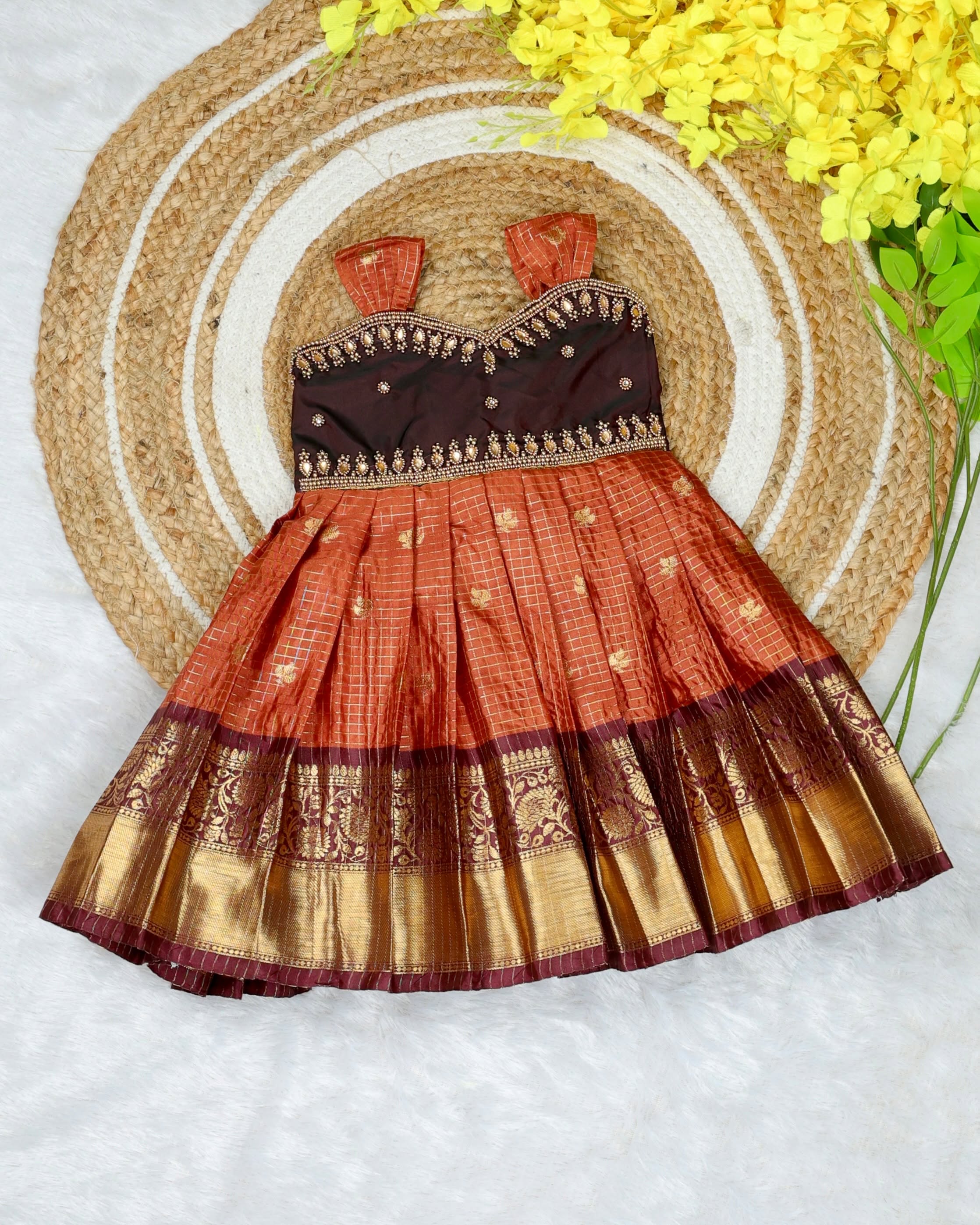KANMANI - NEW BORN FESTIVE LAUNCH - Purple and Orange Color Banarasi Silk Frock