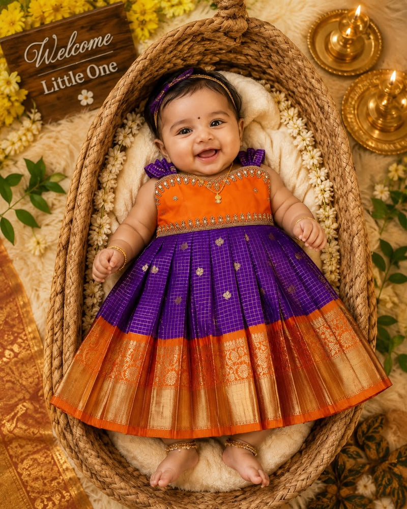 KANMANI - NEW BORN FESTIVE LAUNCH - Purple and Orange Color Banarasi Silk Frock