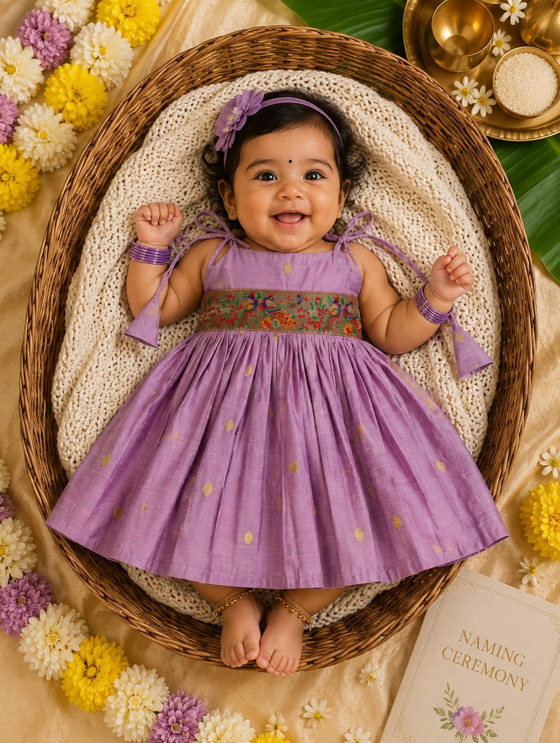 Raw Silk Tie-Up Frock - Lilac | Naming Ceremony | Annaprashan | Cradle Ceremony | New Born Ethnic Frock