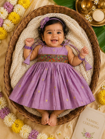 Raw Silk Tie-Up Frock - Lilac | Naming Ceremony | Annaprashan | Cradle Ceremony | New Born Ethnic Frock