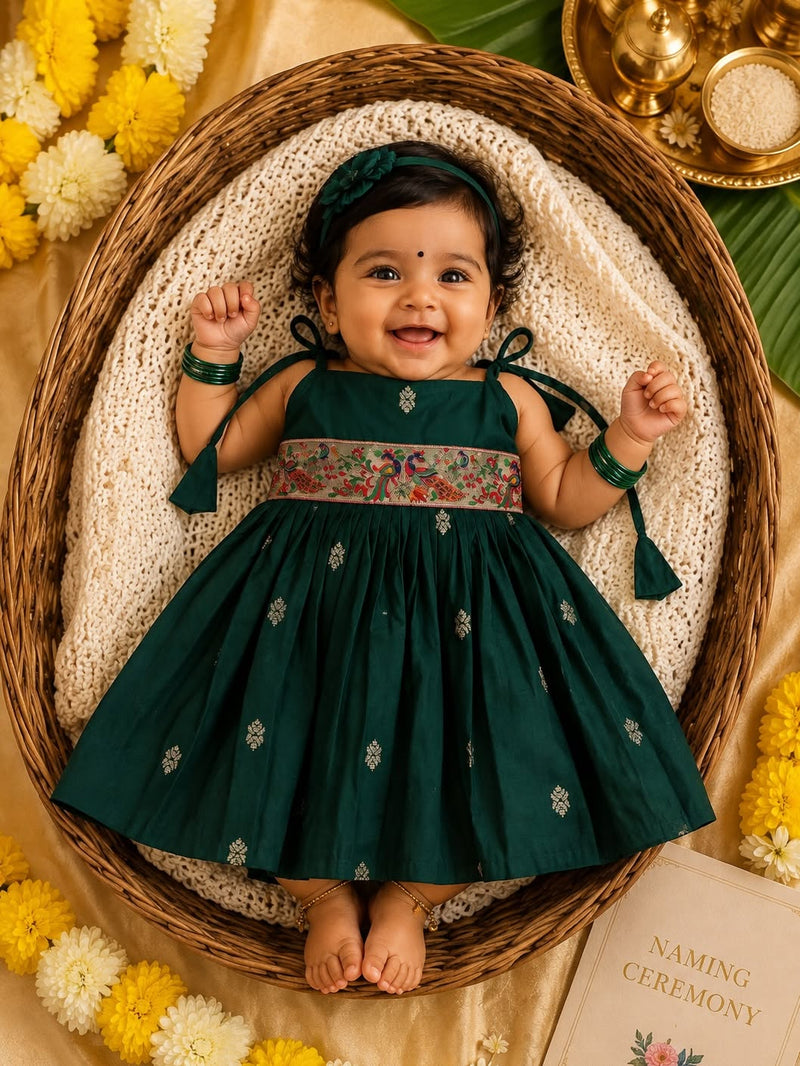 Raw Silk Tie-Up Frock - Dark Green | Naming Ceremony | Annaprashan | Cradle Ceremony | New Born Ethnic Frock
