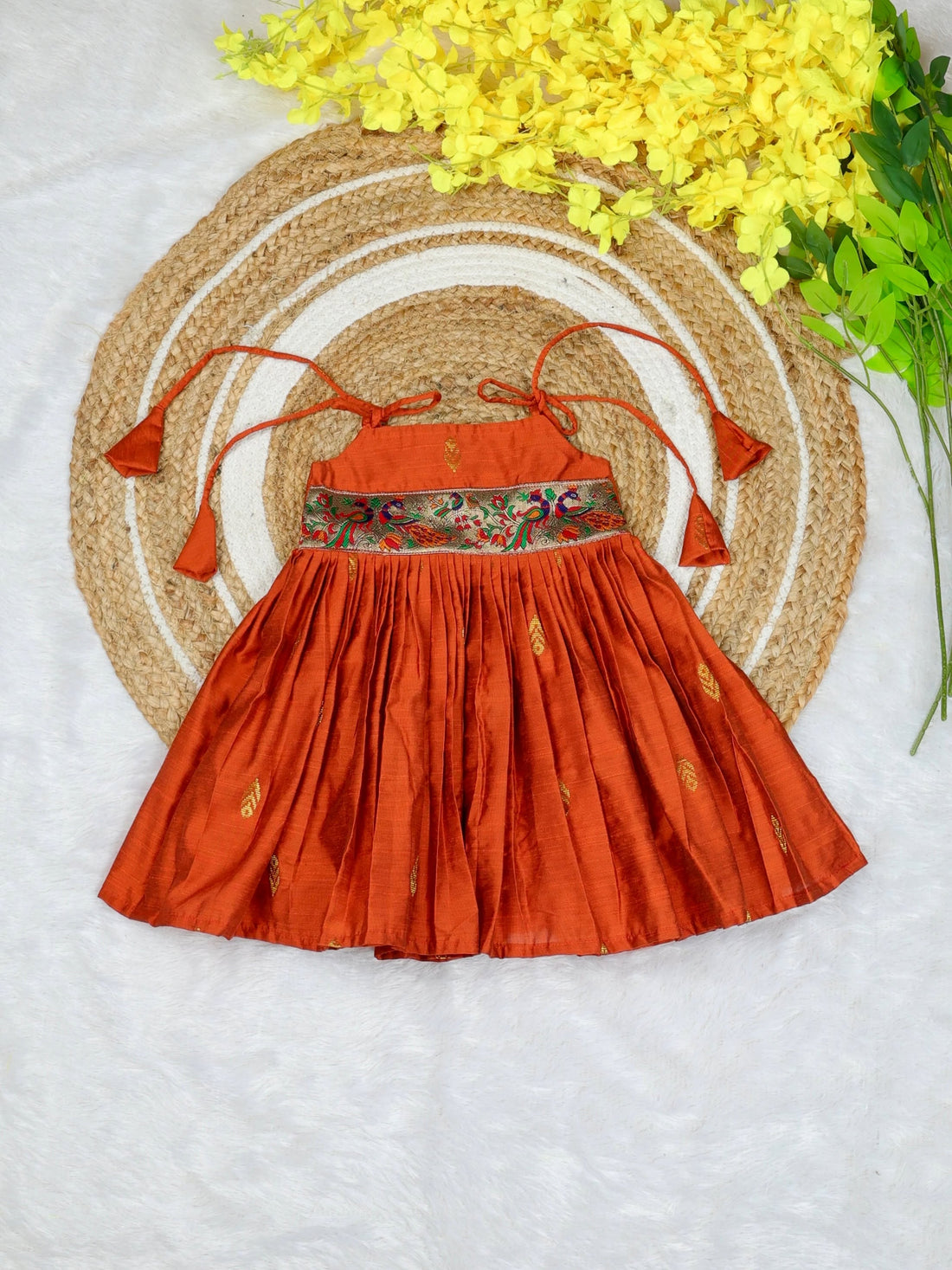 Raw Silk Tie-Up Frock - Orange | Naming Ceremony | Annaprashan | Cradle Ceremony | New Born Ethnic Frock