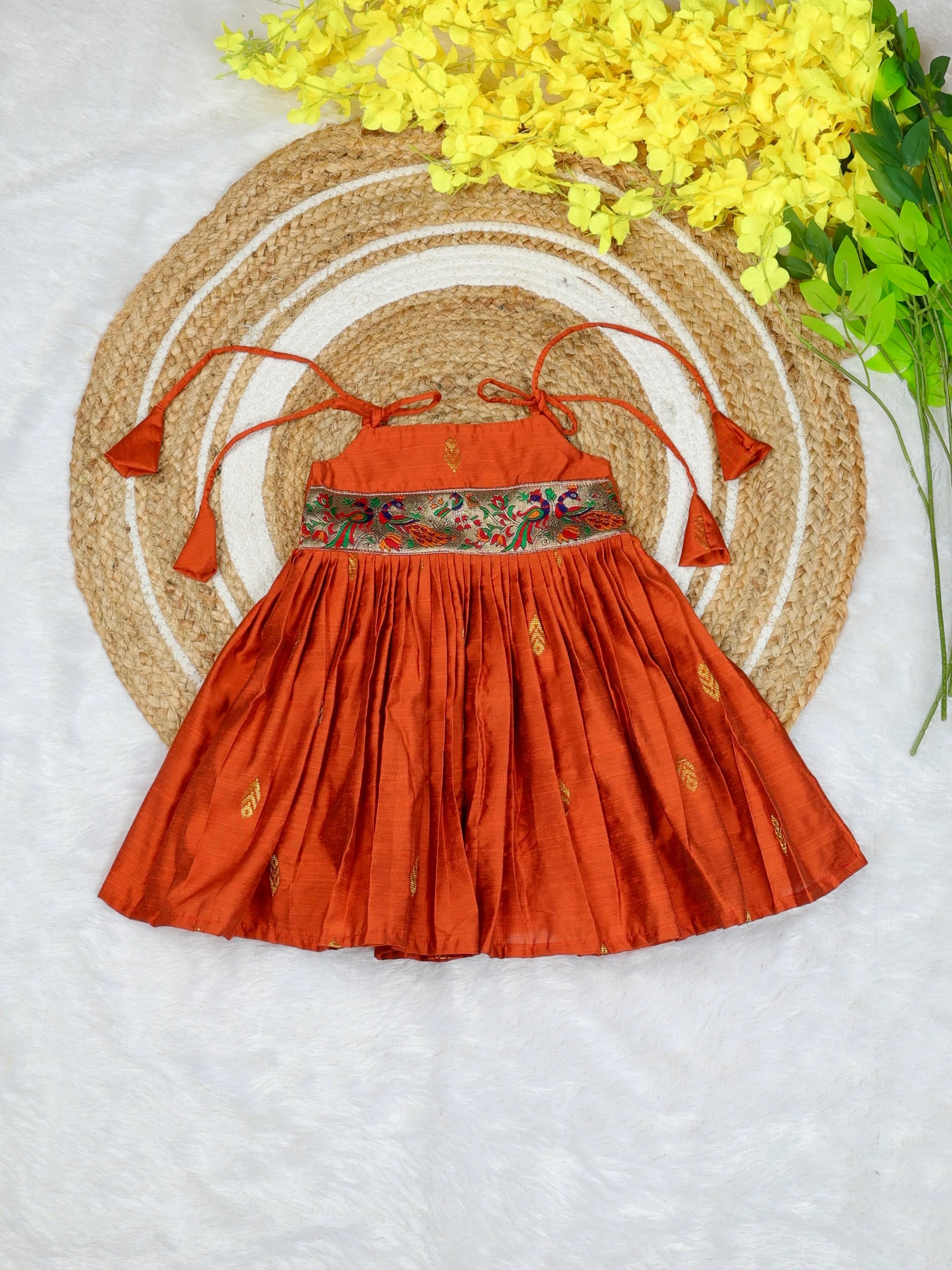 Raw Silk Tie-Up Frock - Orange | Naming Ceremony | Annaprashan | Cradle Ceremony | New Born Ethnic Frock