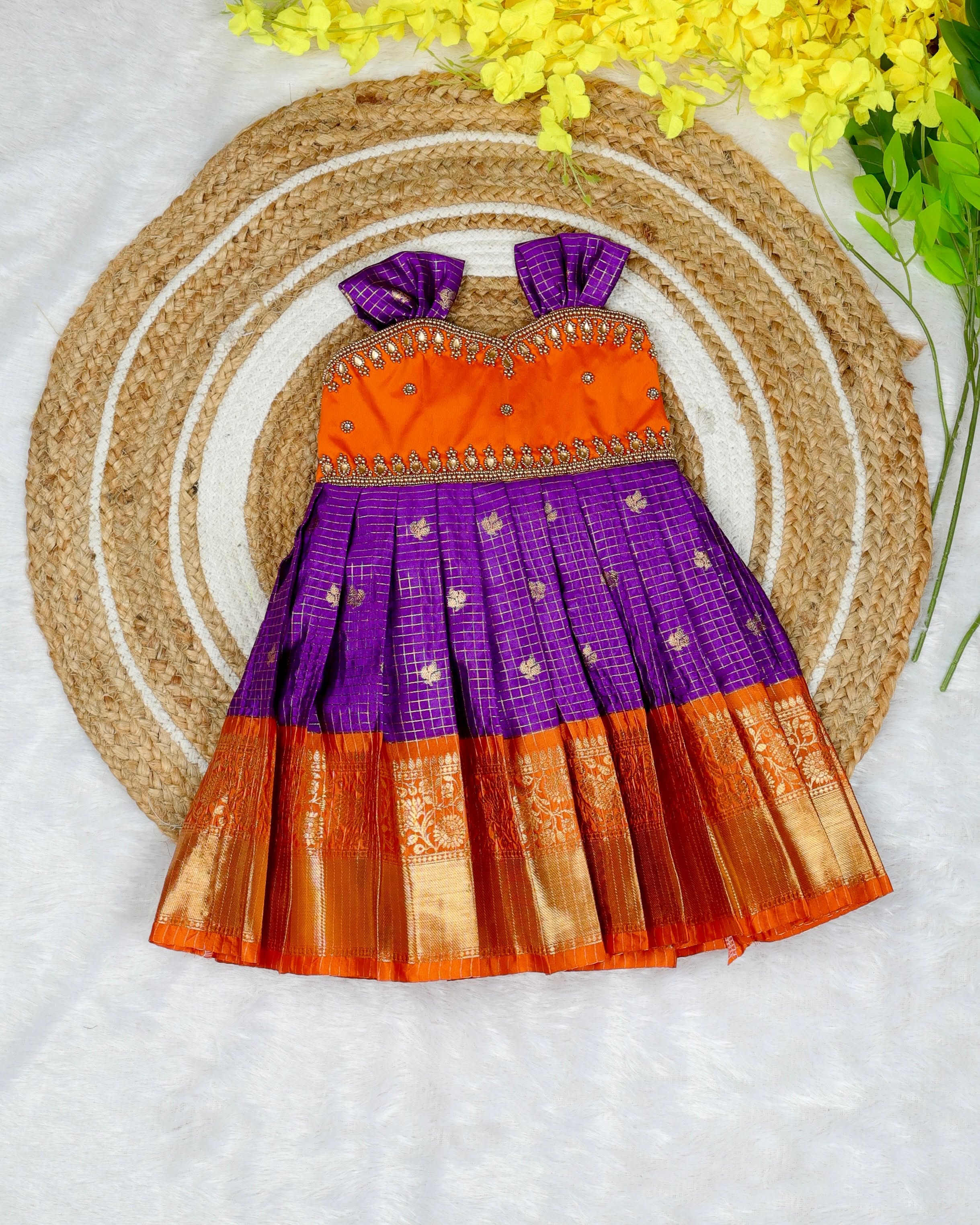 KANMANI - NEW BORN FESTIVE LAUNCH - Purple and Orange Color Banarasi Silk Frock