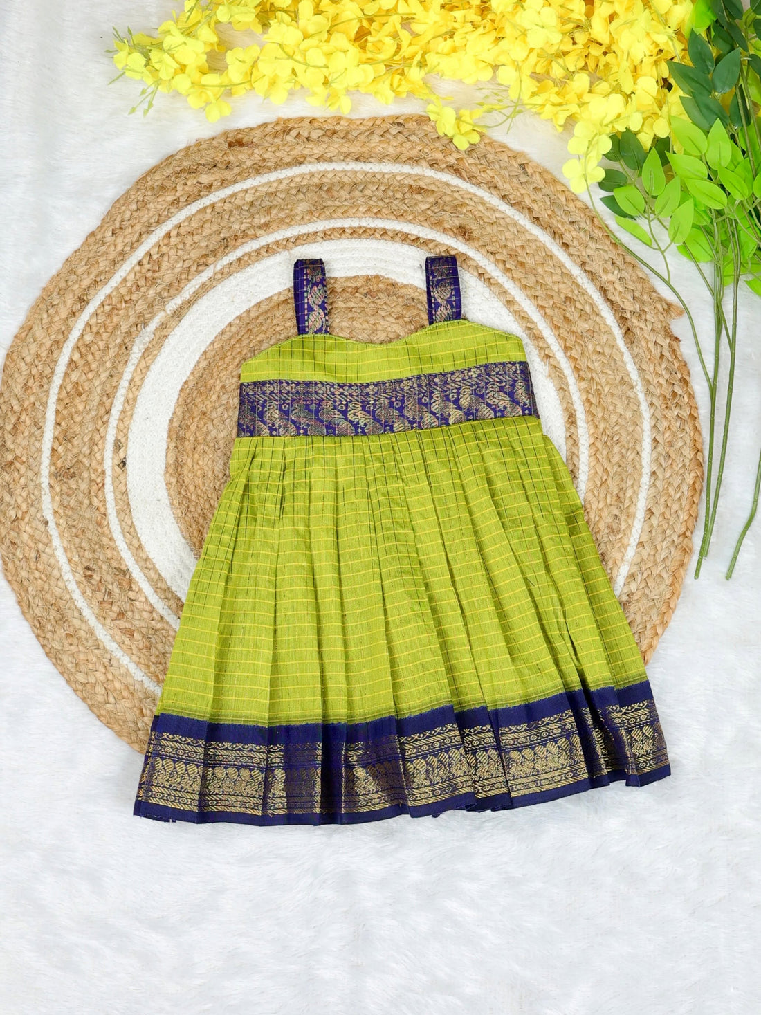 Kalyani Silk Cotton Frock - Light Green and Blue
