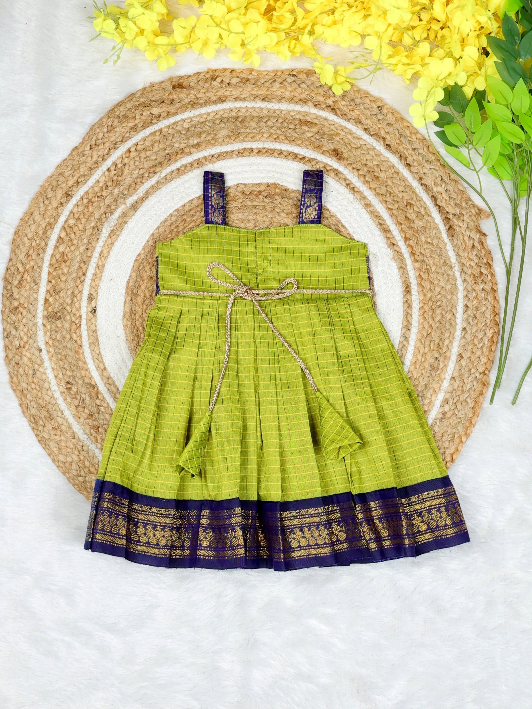 Kalyani Silk Cotton Frock - Light Green and Blue